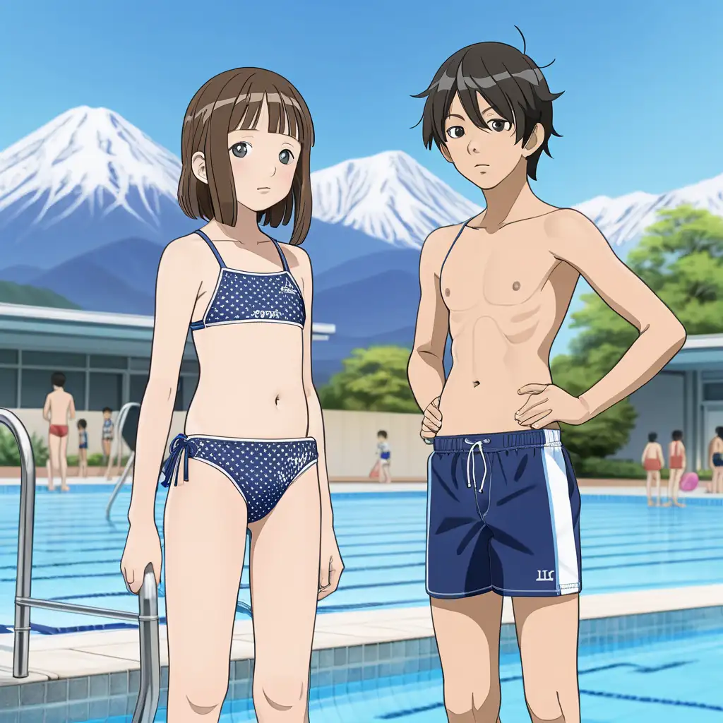 14 year old japanese girl wearing swimwear standing together with 14 year old japanese boy wearing swim trunk in school swimming pool,noon,clear weather,mountain view