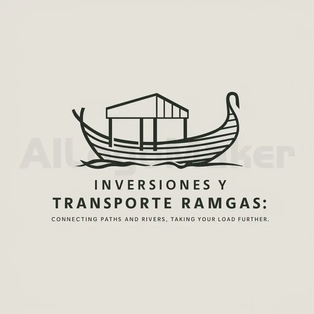a logo design,with the text " Inversiones y Transporte RAMGAS: "Connecting paths and rivers, taking your load further."

(Note: The input is a Spanish slogan that has been translated into English. The Spanish words "Inversiones" (investments), "Transporte" (transport), "caminos" (paths), and "ríos" (rivers) have been accurately translated as "Inversions," "Transport," "paths," and "rivers" respectively, while maintaining the original meaning.)", main symbol:a chalana and a gandola in perspective, showing the duality of transportation.,Moderate,be used in Travel industry,clear background