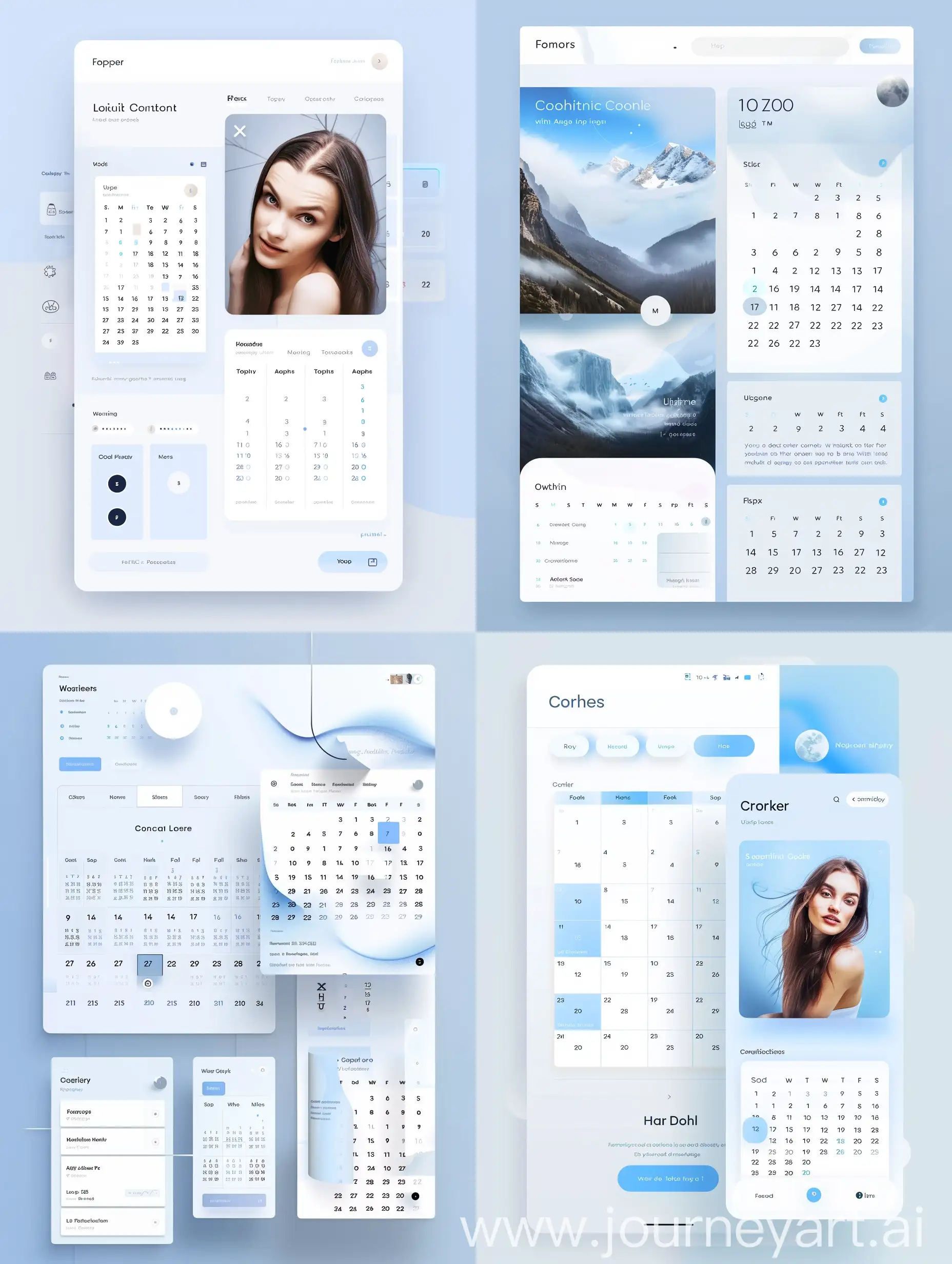 Home page for calendars. Calendar on the right. Components. UX/UI. Figma. Light Blue and wihte theme