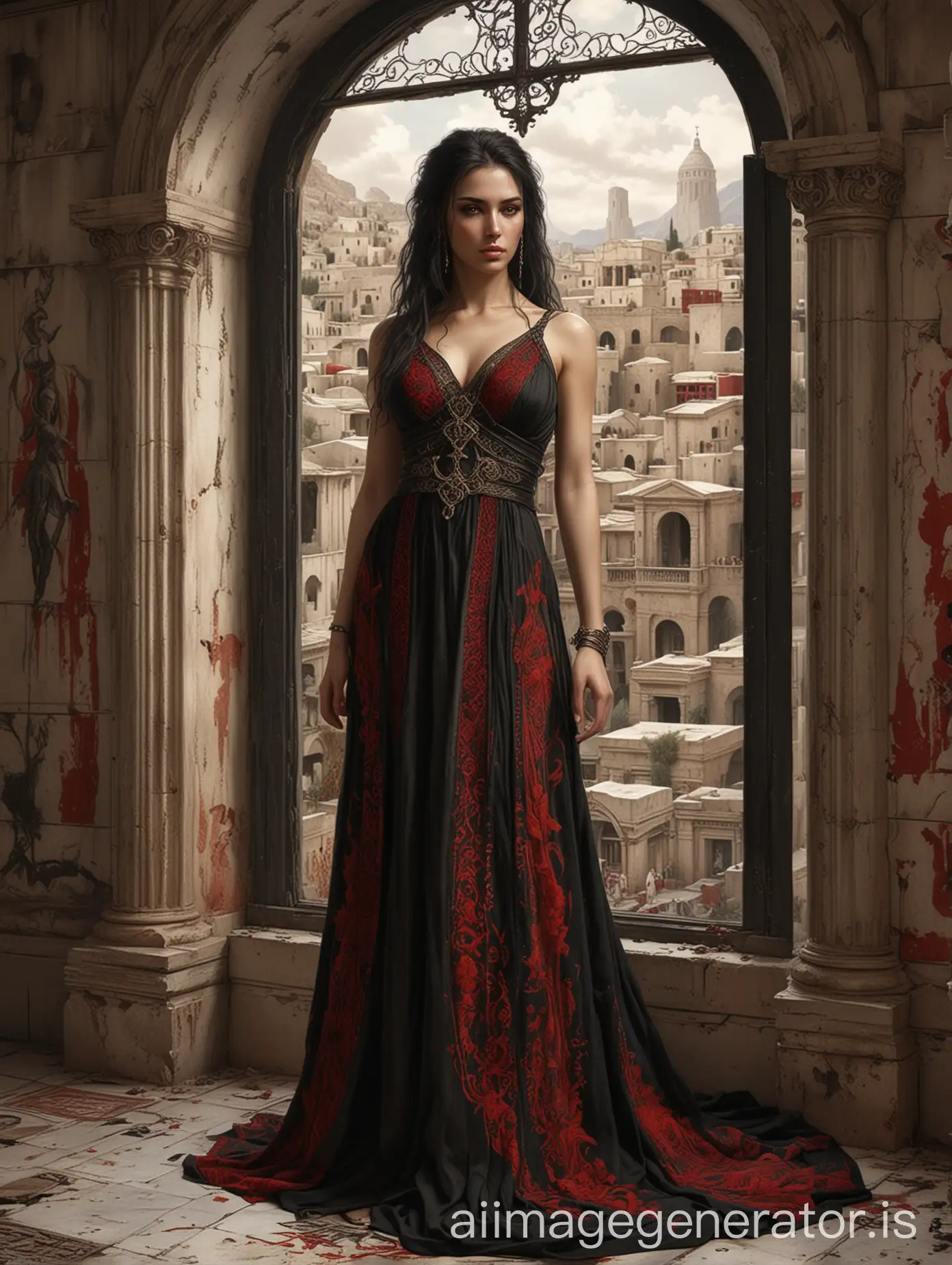 rhaenyra face, fullbody, luis royo darart, intricate ancient greece style black gown with crimson embroidery, ancient cityscape in the window, brickwall room, carpeted floor