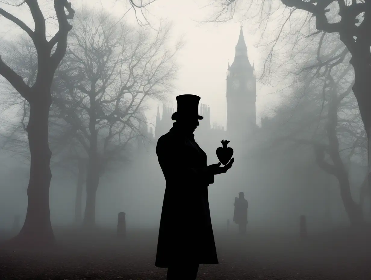 Мужской силуэт окутанный туманом в викторианском Лондоне держит в руке анатомическое сердце