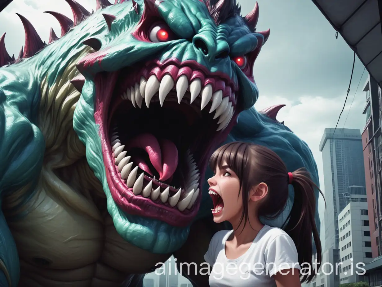 giant monster with sharp teeth loving a girl