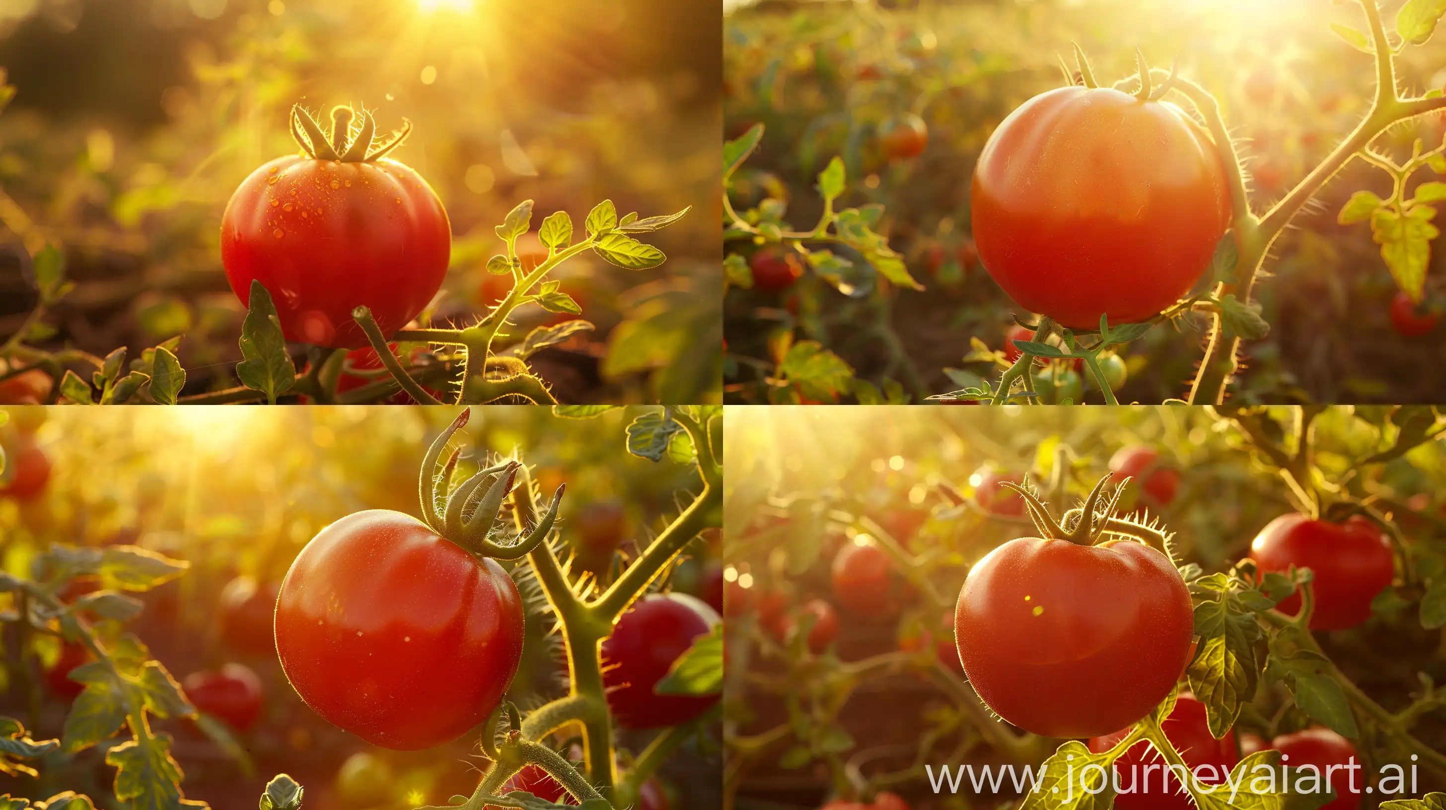 High detailed photo capturing a Tomato, Ensalada Hybrid. The sun, casting a warm, golden glow, bathes the scene in a serene ambiance, illuminating the intricate details of each element. The composition centers on a Tomato, Ensalada Hybrid. The tomatoes are about 3" long, 2½" across and plum-shaped. They are sweet and also make excellent sauces. Determinate and disease resistant plants.. The image evokes a sense of tranquility and natural beauty, inviting viewers to immerse themselves in the splendor of the landscape. --ar 16:9 
