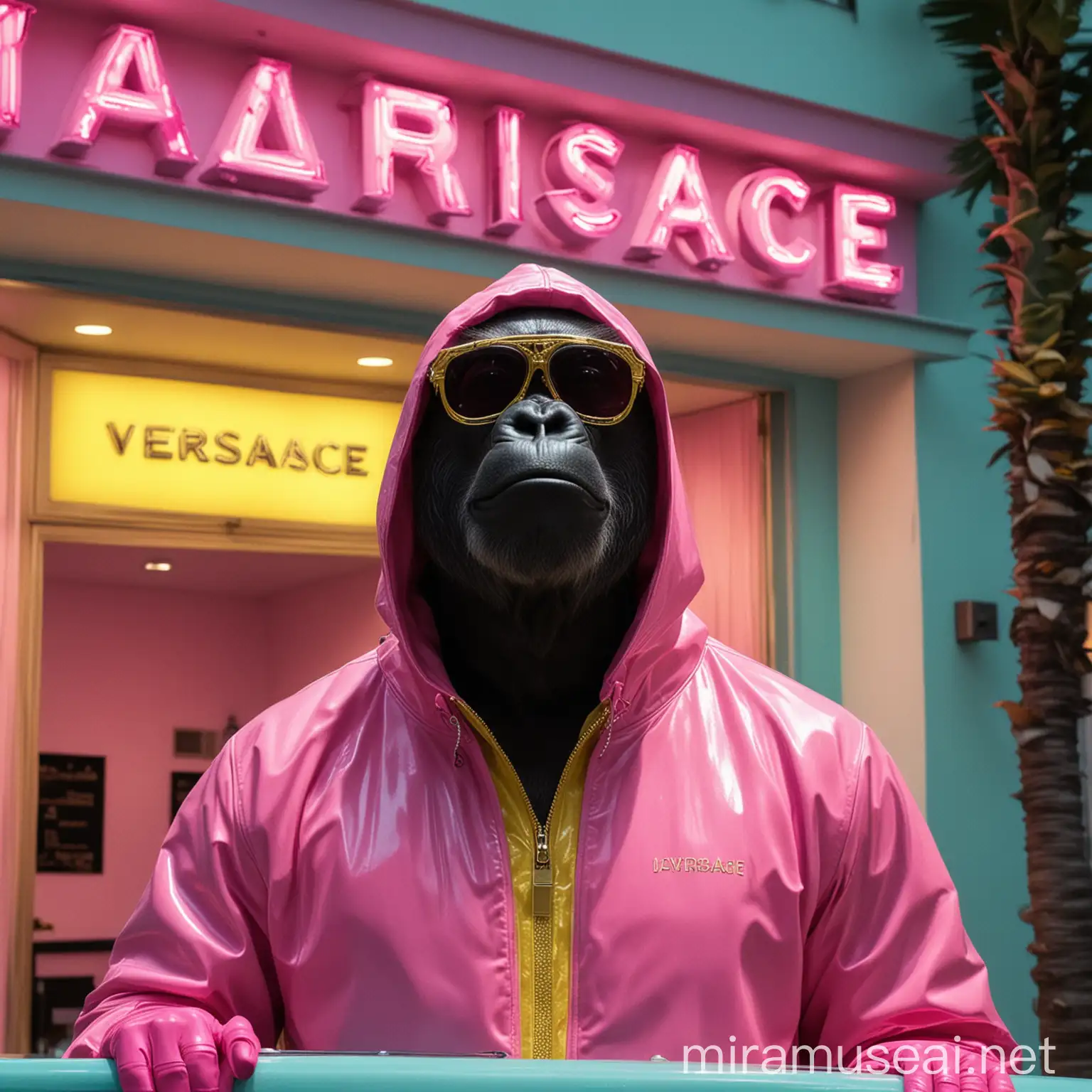 The gorilla is in Miami, it's night, and there's art deco architecture with green and pink neon lights illuminating the area. The gorilla wears dark sunglasses and a yellow jumpsuit like the one in the Breaking Bad series. His head is covered by the yellow hood. His hands are covered with light blue latex gloves. A pink neon sign advertises the VERSACE brand behind him. The neon sign displays this text: FAKE VERSACE. The letter A is falling apart. Gorila faces the camera