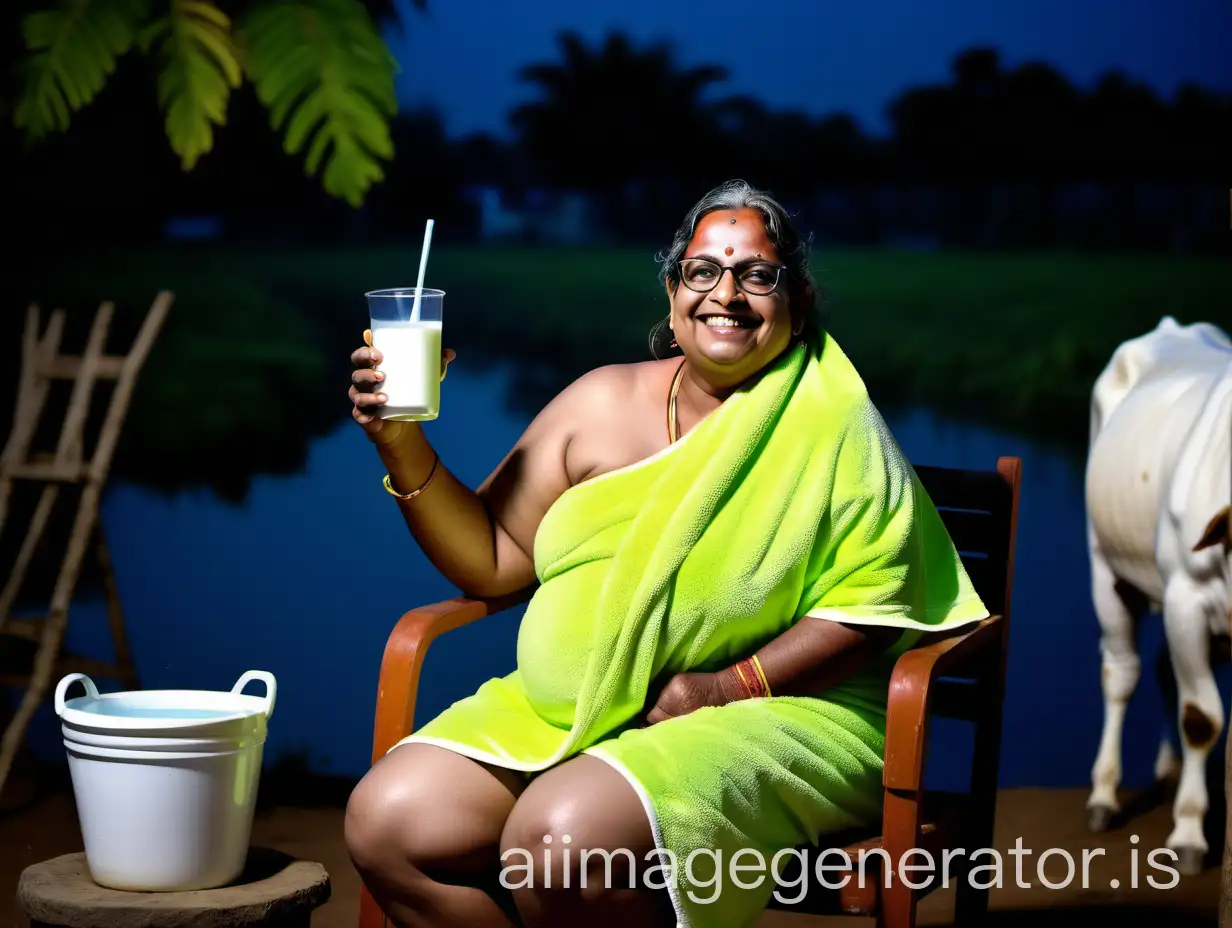  a mature fat indian  woman with 37 years old age wearing a Prescription Eyeglasses on face with curvy body wearing a  neon lemon  wet bath towel with full make up ,open hair style, holding a cup of milk  , sitting on a chair near a water well, she is happy and smiling, near her a fat miking cow is standing, its night time   and a lot of parrots  are there 