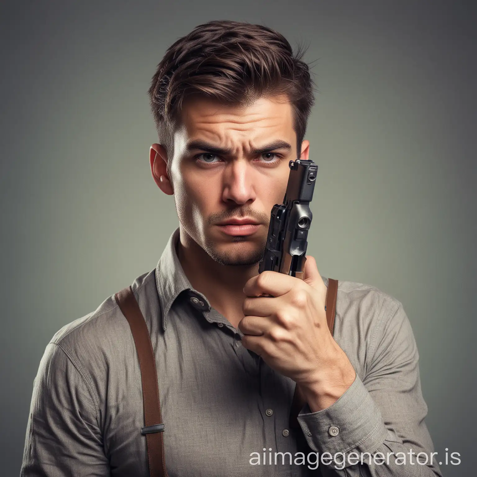 a cute man with a very hard face is holding a short gun