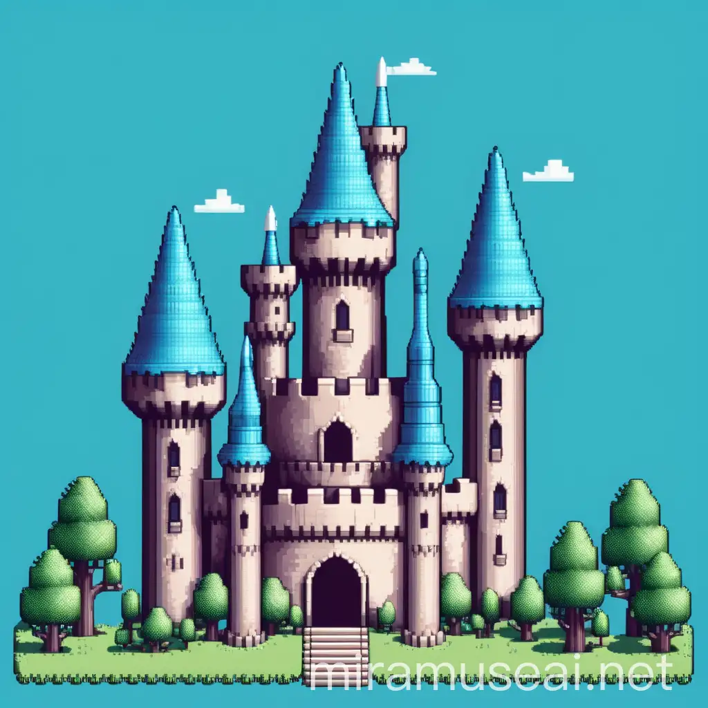 Pixel Art Castle with Prime and Roofless Towers in Cyan