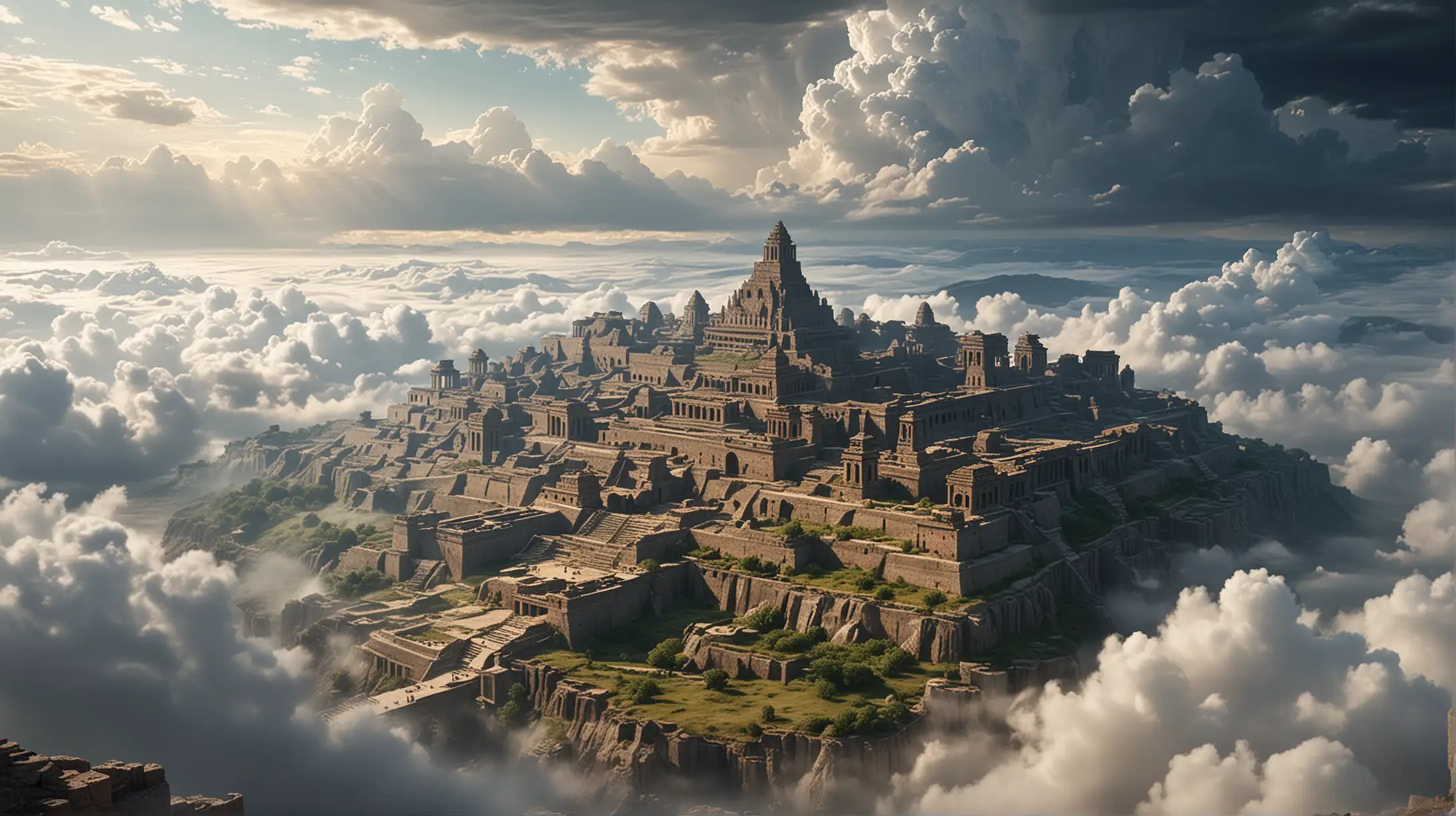 A large ancient city built on a special platform between clouds, distant view