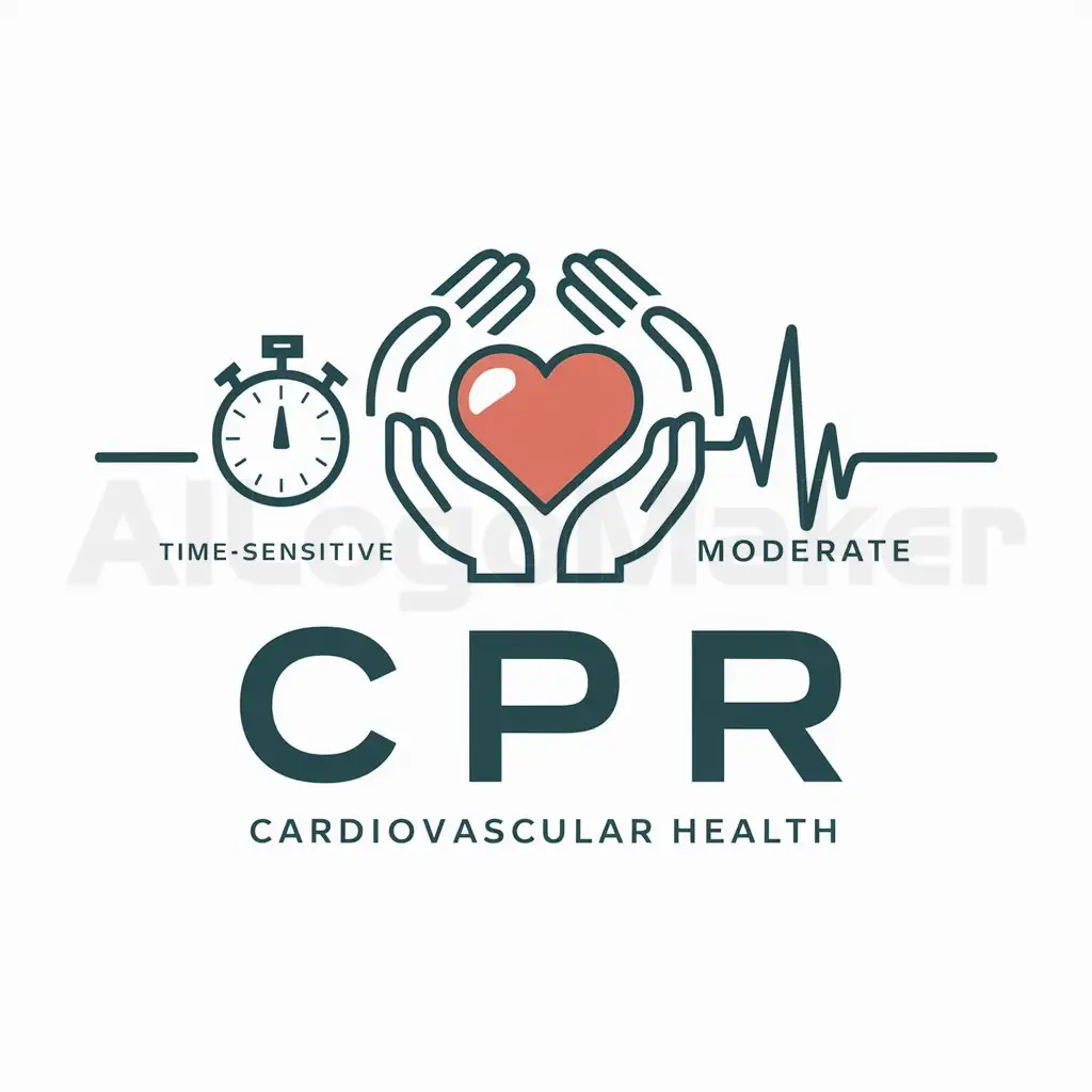 a logo design,with the text "CPR", main symbol:heart, both hands, stopwatch, ECG line,Moderate,be used in medical industry,clear background