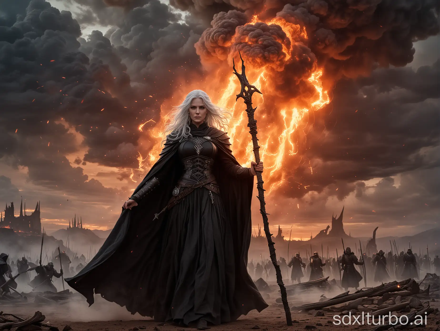 In a desolate battlefield, a white-haired witch in a long black robe is holding her ancient staff high, casting a powerful spell. Her eyes are firm and profound, as a dazzling beam of magical energy shoots from the staff, striking the villain on the opposite side. The villain, clad in black armor, is taken aback by the sudden force and falls backward, with cracks in the armor revealing the severity of the impact. The sky above is roiling with blood-red clouds, foreboding an ominous sign, while the surroundings of the battlefield are filled with intertwining flames and smoke, adding a dramatic effect to this clash between good and evil.