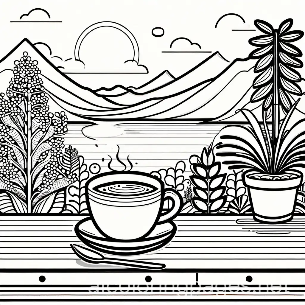 cup of coffee on a worktop with plants in the background, Coloring Page, black and white, line art, white background, Simplicity, Ample White Space. The background of the coloring page is plain white to make it easy for young children to color within the lines. The outlines of all the subjects are easy to distinguish, making it simple for kids to color without too much difficulty