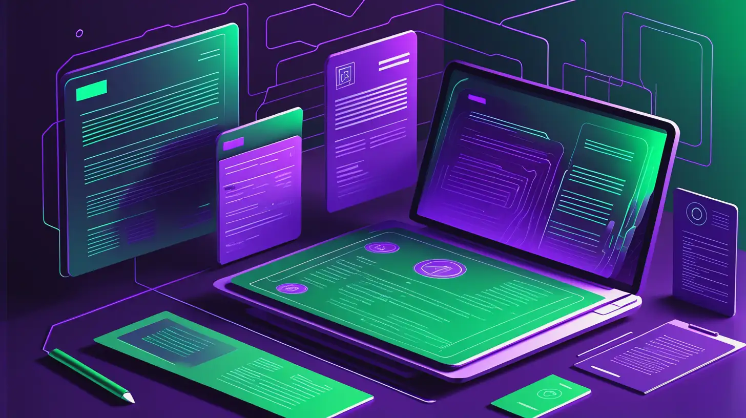 Futuristic Web3 Digital Documents in Vibrant Green and Purple