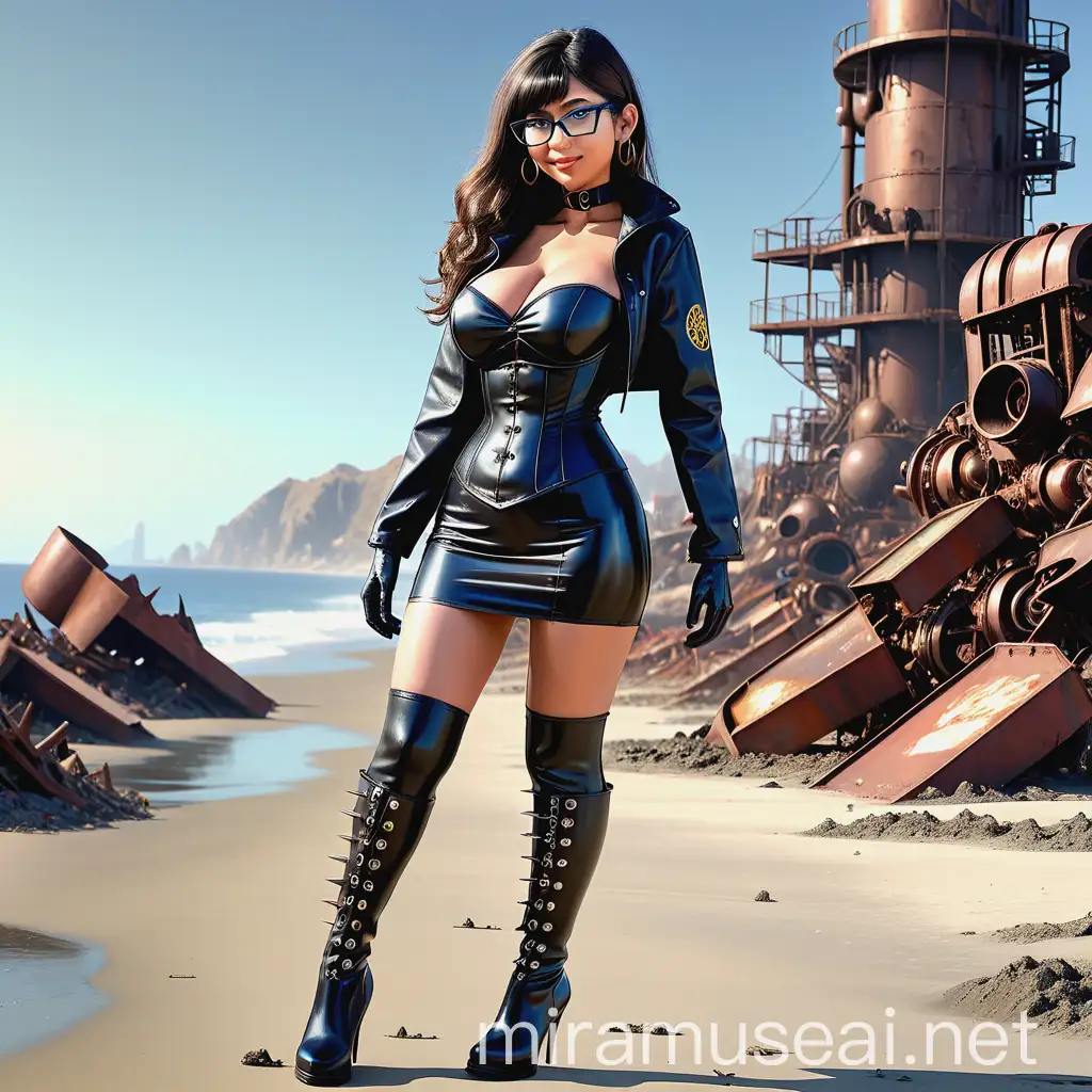 Richard, a man was playing Fallout on his PC when when he pressed the button he appeared in the game in Santa Monica State Beach and transformed into a woman, daughter of Mia Khalifa and Hitomi Tanaka, wearing a latex corset, ((latex miniskirt)) , ((high-heeled boots above the thigh)), long sleeveless latex gloves ((open spiked jacket)) large round glasses and latex earrings, Fallout World Steampunk, Aiko has a striking appearance, combining latex elements from her two famous mothers. She inherited Mia Khalifa's expressive and captivating eyes, while her curvaceous and voluptuous figure is reminiscent of Hitomi Tanaka. Her hair is long and silky, with a dark brown tone that stands out in the sun. She has an imposing and confident presence, but also radiates an aura of elegance and charm with a beautiful smile, as she walks sexily towards the camera showing her entire body, in a setting destroyed by radiation, all rusty and full of metals, with the sea in the background, epic masterpiece, cinematic experience, 8k, fantasy digital art, HDR, UHD. This contrast between the fantastical character and the more traditional color scheme and elements gives the piece an intriguing narrative quality. The model is sitting on the sand in a sexy position looking at
to the camera. old junkyard,,((wearing a latex backpack))
