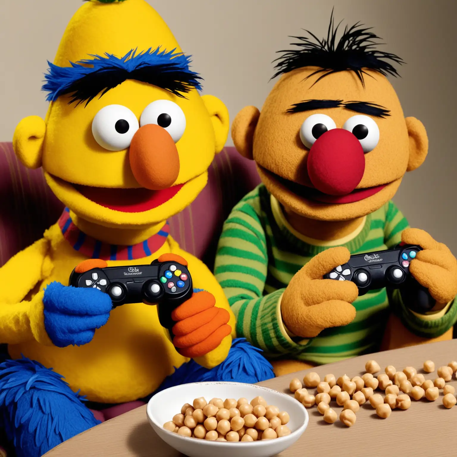 Bert and Ernie from sesame street, plating video games and eating chickpeas 