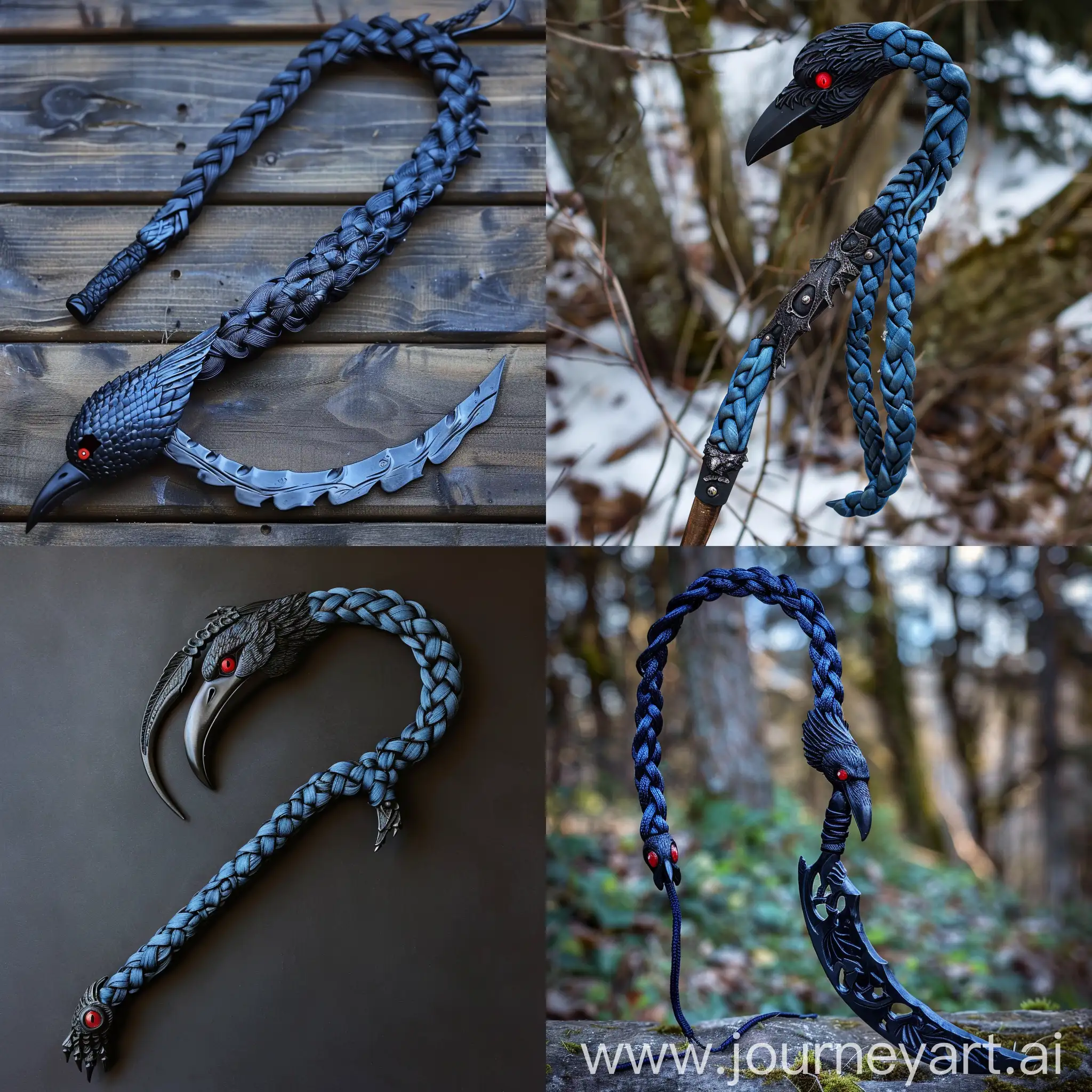 A blued braid. A scythe Whose blade looks like a raven's head in black, the handle is made in the style of a raven's foot. It has red eyes as an ornament.