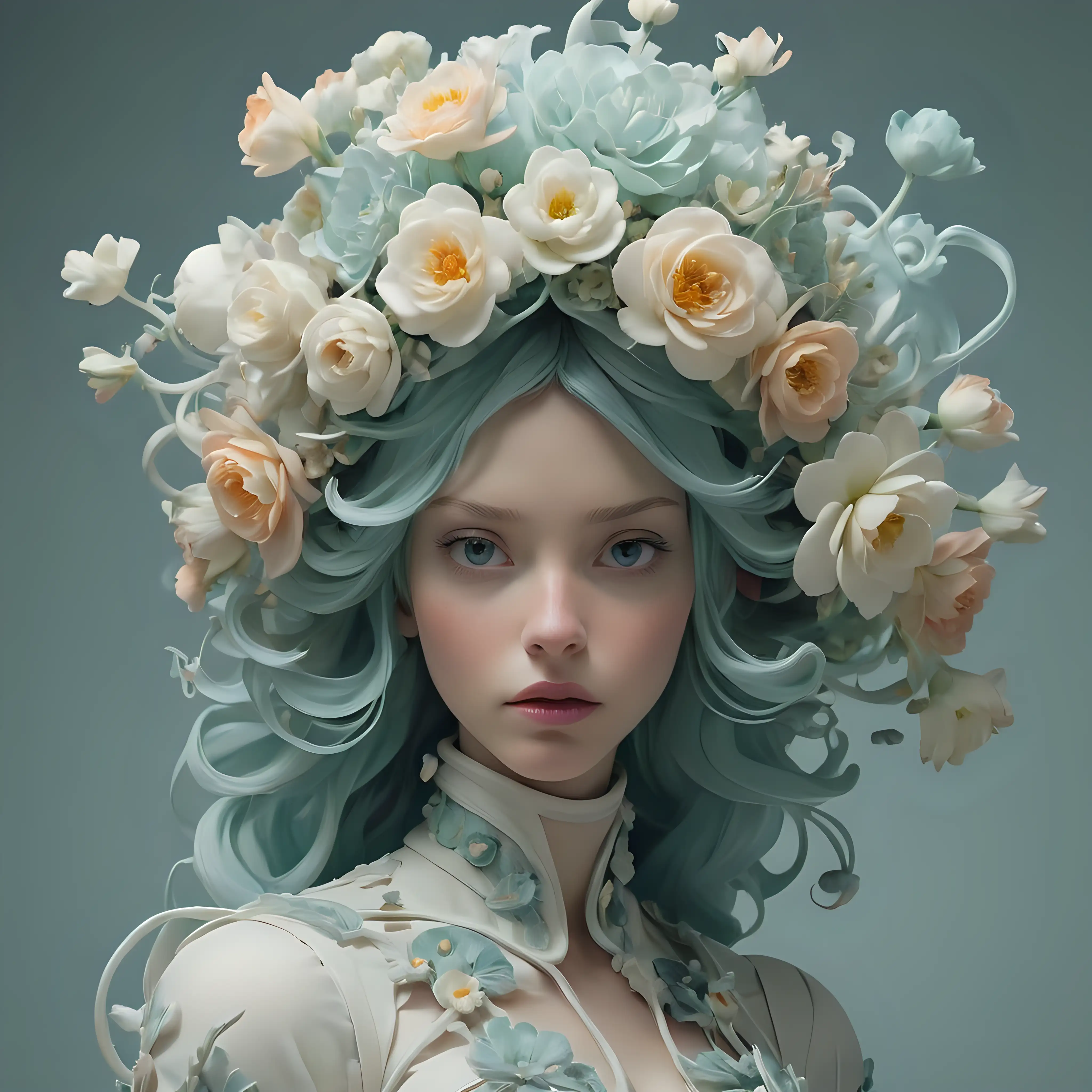 Ethereal Rococo Woman in Space Helmet with Floral Accent