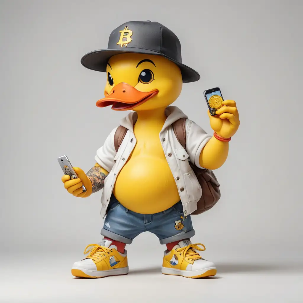 Colorful Bitcoin Duck with Hat and Sneakers on White Background