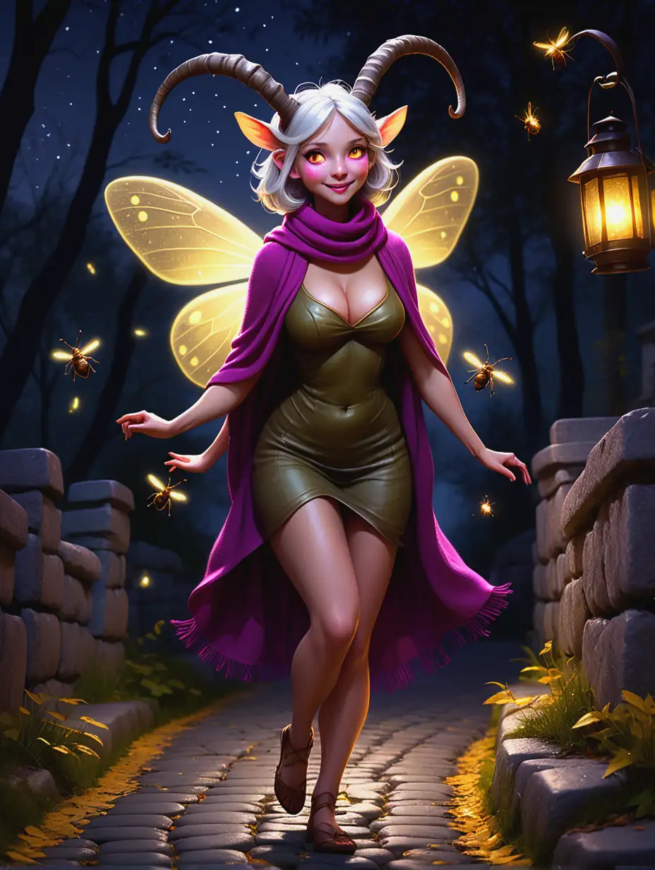 On a moonlit night in early autumn, a busty and joyful faun lady wanders alone on a Cobblestone path. Cheerful fireflies light the path with a cool glow that extends far past her simple lantern.  Her warm magenta scarf the only protection from the cool night air. Her earthen tone outfit suited for a far warmer days, but she remains carefree as the glowing insects dance around her tiny horns. Her silvery hair and golden eyes give her a wild whimsical aura