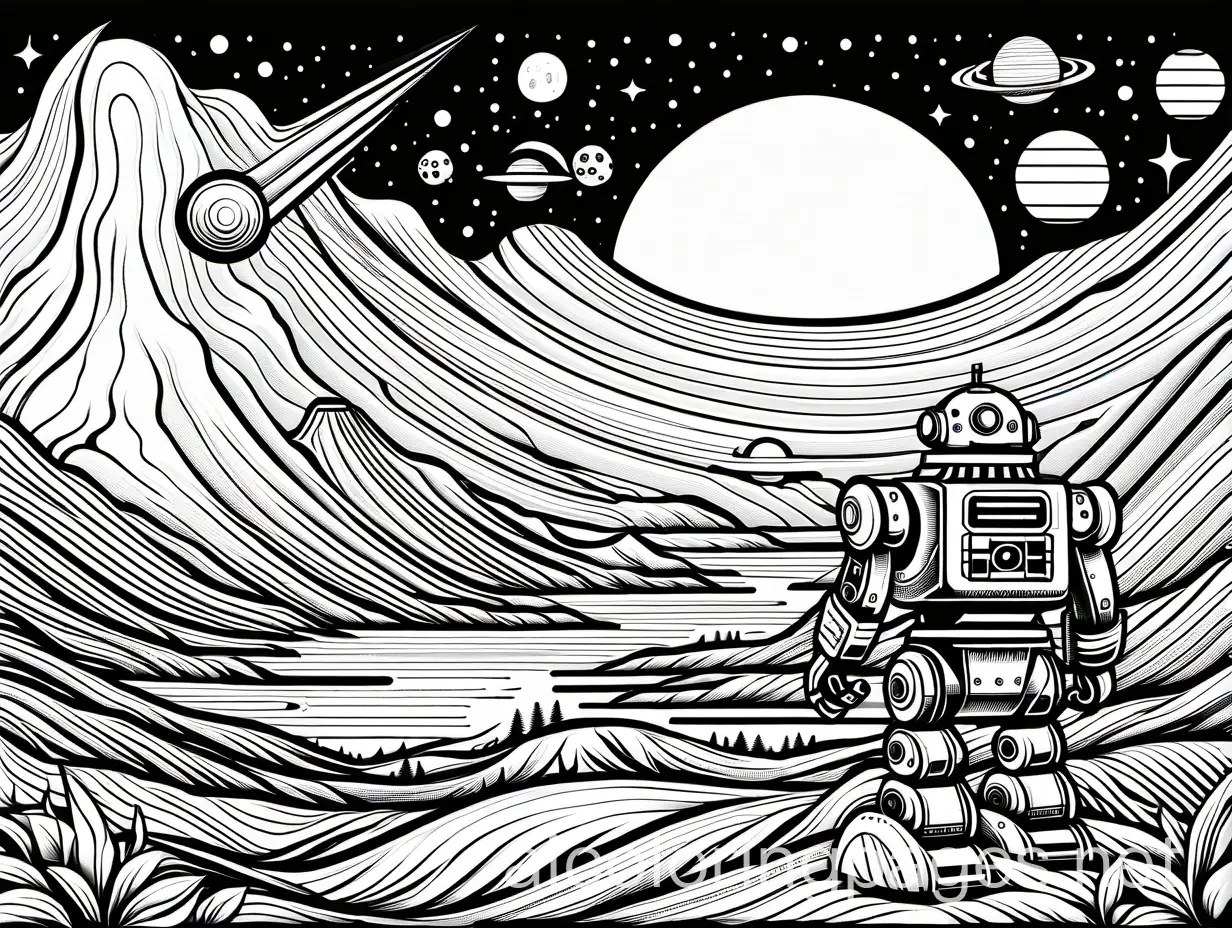 famous robots invading a planet, Coloring Page, black and white, line art, white background, Simplicity, Ample White Space