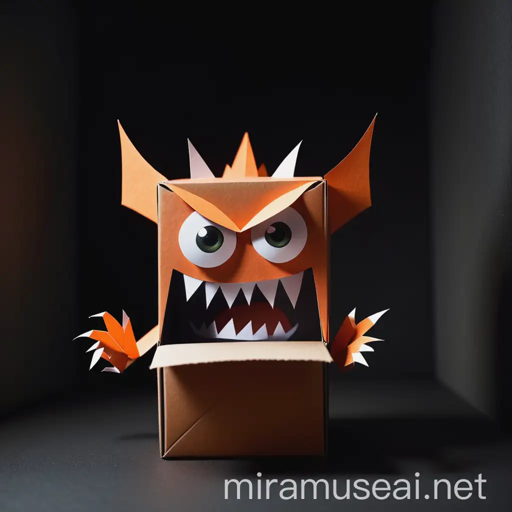 paper monster into a tiny card box in a dark room. The paper monster has furious eyes and sharp teeth and his body color is like orange