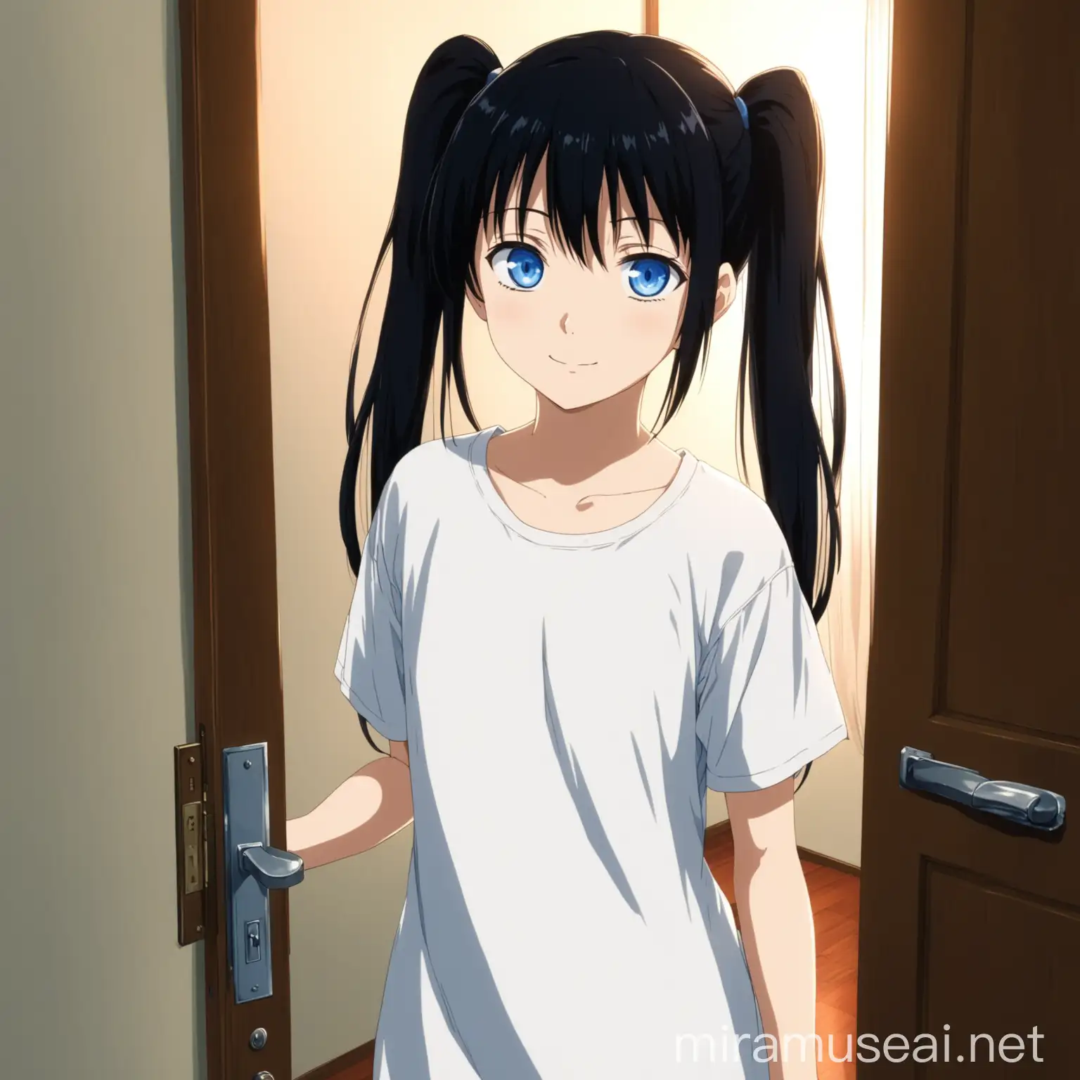 18 years old anime girl with black twintail and blue eyes standing in living room opening door wearing big white shirt and underwear soft smile