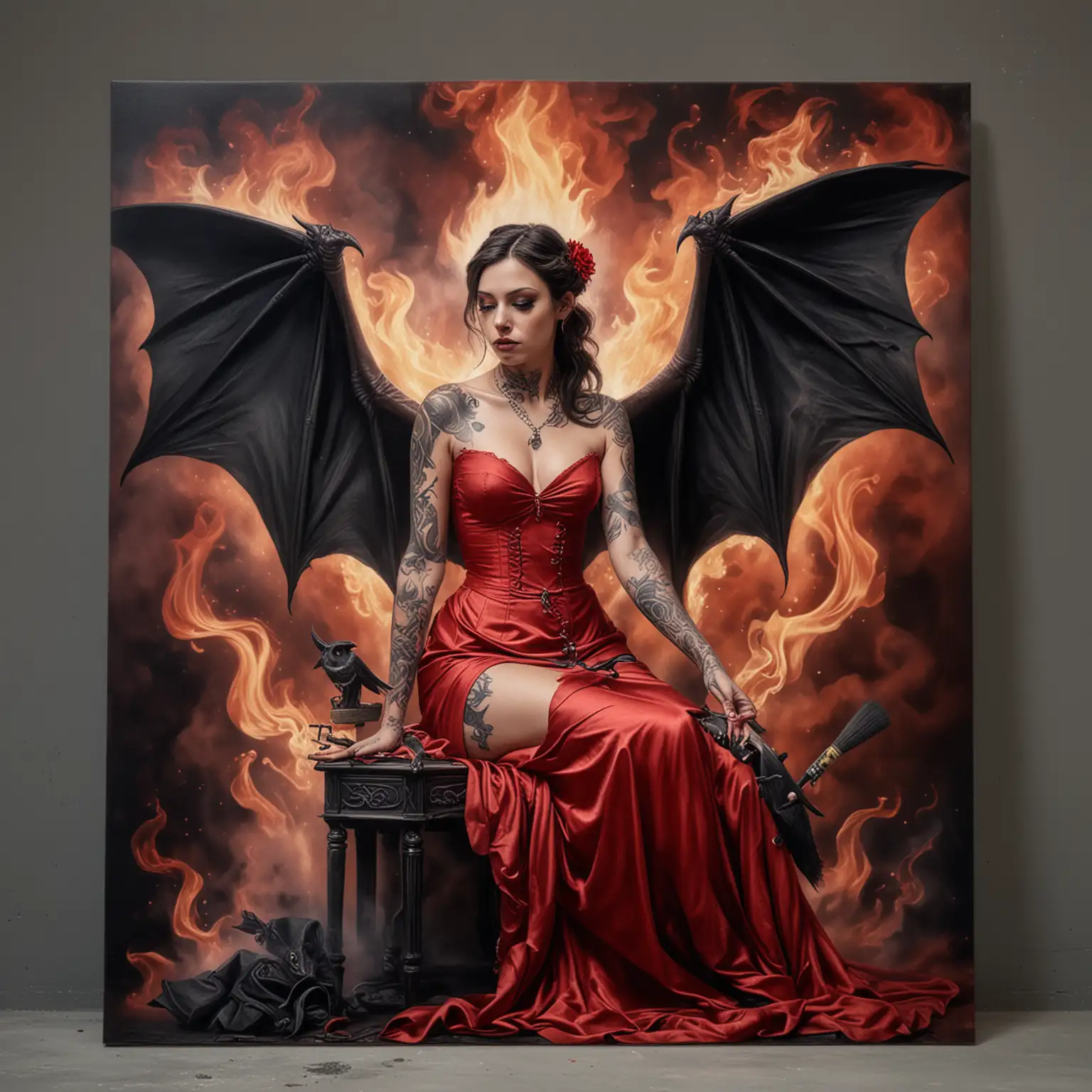 hyper realistic photography
a beautiful tattooed angel, She is a tattoo artist and wearing a red dress while she has black bat wings, seated on cloud of smoke and flames While hold painting brush in her hand and performing a painting on canvas
good rendering