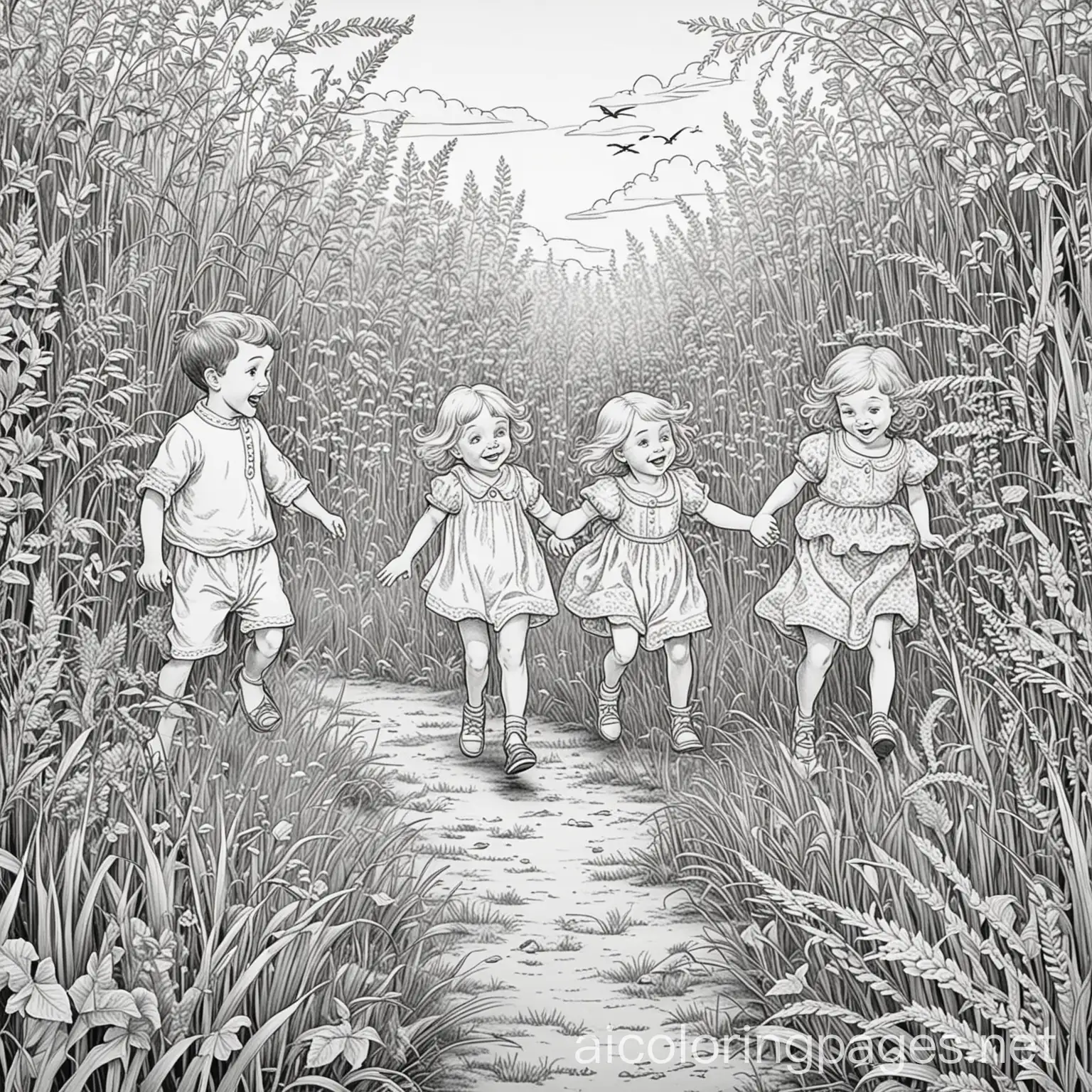 Once upon a time, in a meadow nestled at the edge of the Enchanted Forest, there lived a group of lively toddlers and giggly infants. Their tiny legs wiggled with boundless energy, and their laughter echoed through the tall grass. But there was a problem—their wiggles were getting out of control! Coloring Page, black and white, line art, white background, Simplicity, Ample White Space. The background of the coloring page is plain white to make it easy for young children to color within the lines. The outlines of all the subjects are easy to distinguish, making it simple for kids to color without too much difficulty