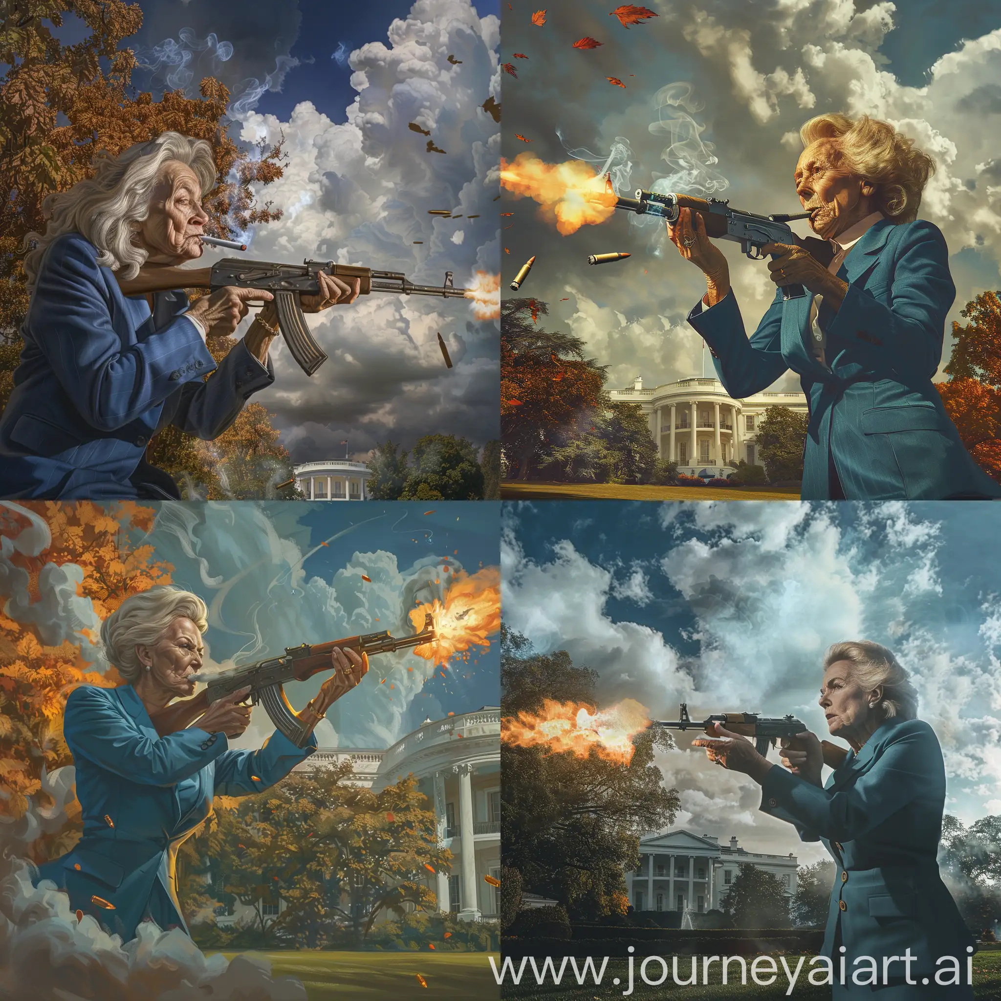 birdview, ultradetailed,60yearsold realface hilary, whole body,wear blue suit, playing real look soviet ak-47 rifle firing on whitehouse lawn, realhandfingers,smoking around ,autumn, cloudy,