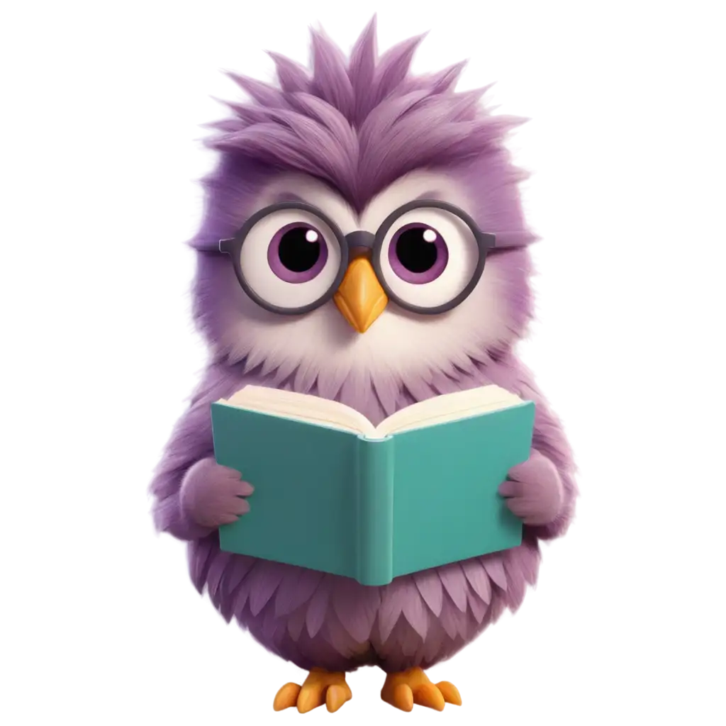 a cute intelligent looking small fluffy purple baby owl cartoon with a broad smile on face with glasses reading a phonics book