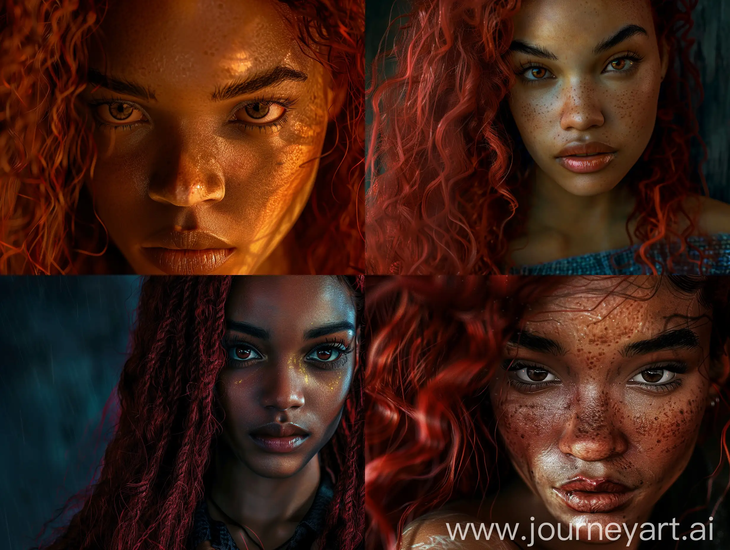 Nancy Drew as an African American Teen Detective, Deep Scarlet Red Long coarse Hair, Bright Brown eyes intricate details, HDR, beautifully shot, hyperrealistic, sharp focus, 64 megapixels, perfect composition, high contrast, cinematic, atmospheric, moody head and shoulders portrait, 8k resolution concept art portrait