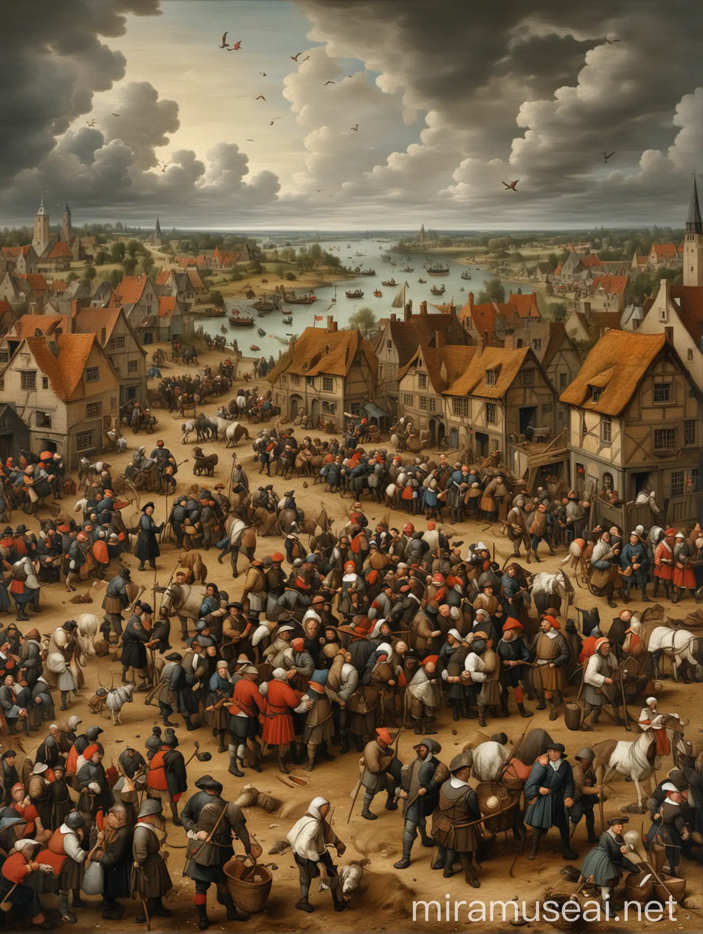Highly detailed painting closely based on (("Netherlandisch Proverbs" by Pieter Brueghel the Elder)), ((wide view)), use muted colors only, ((show empty sky at top)), ((show cleared ground at the bottom)), high quality