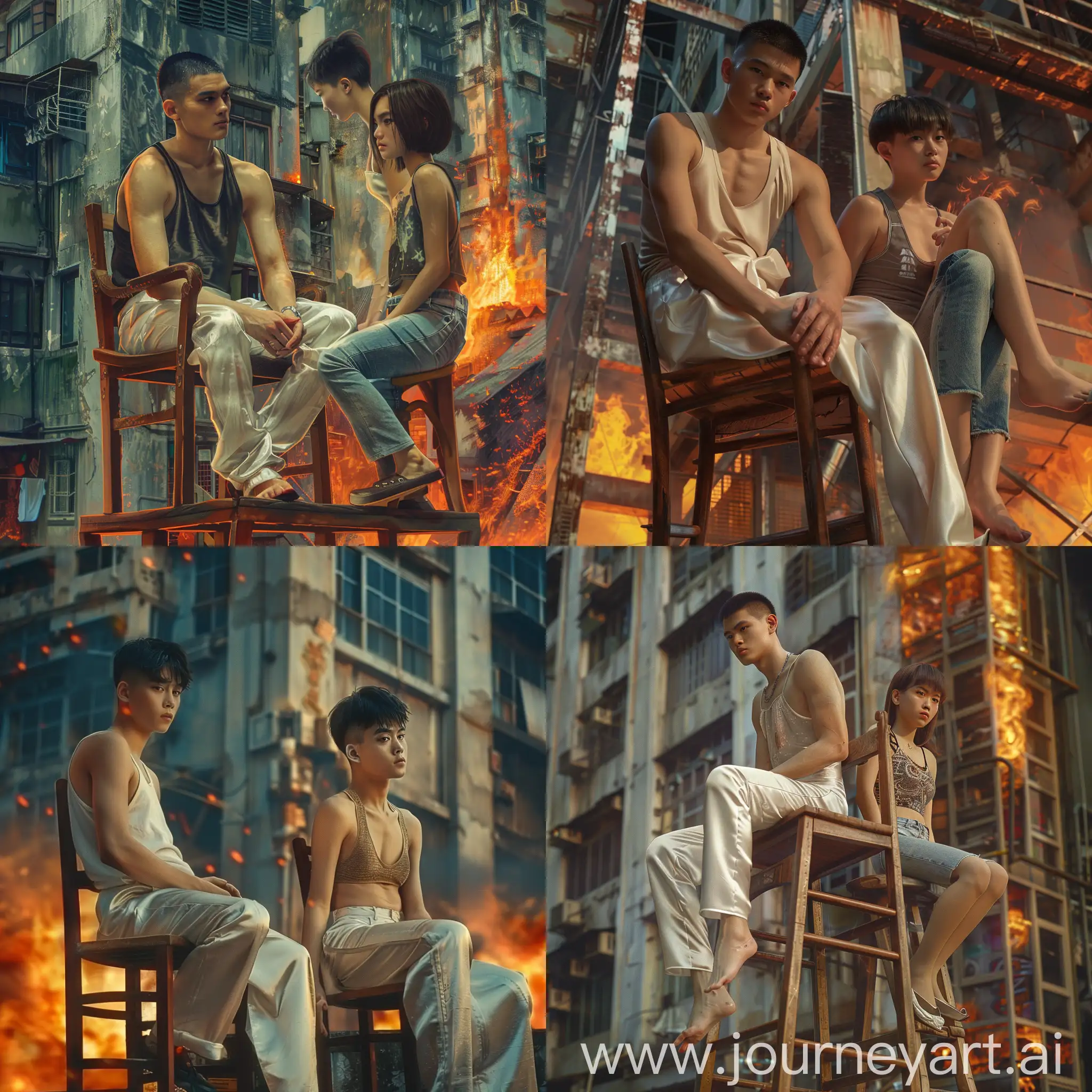 .Realistic picture: Picture of a 15-year-old Thai man with crew-cut hairstyle and soft, thin white silk pants. Sitting on a wooden chair, on a tall building, with a young Japanese female friend, short hair, tank top, short jeans, all fit, full body image, colors of stone, steel, fire as the background.