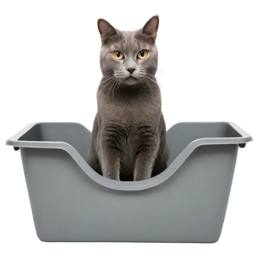 cat sitting in square litter box with low sides filled with bentonite