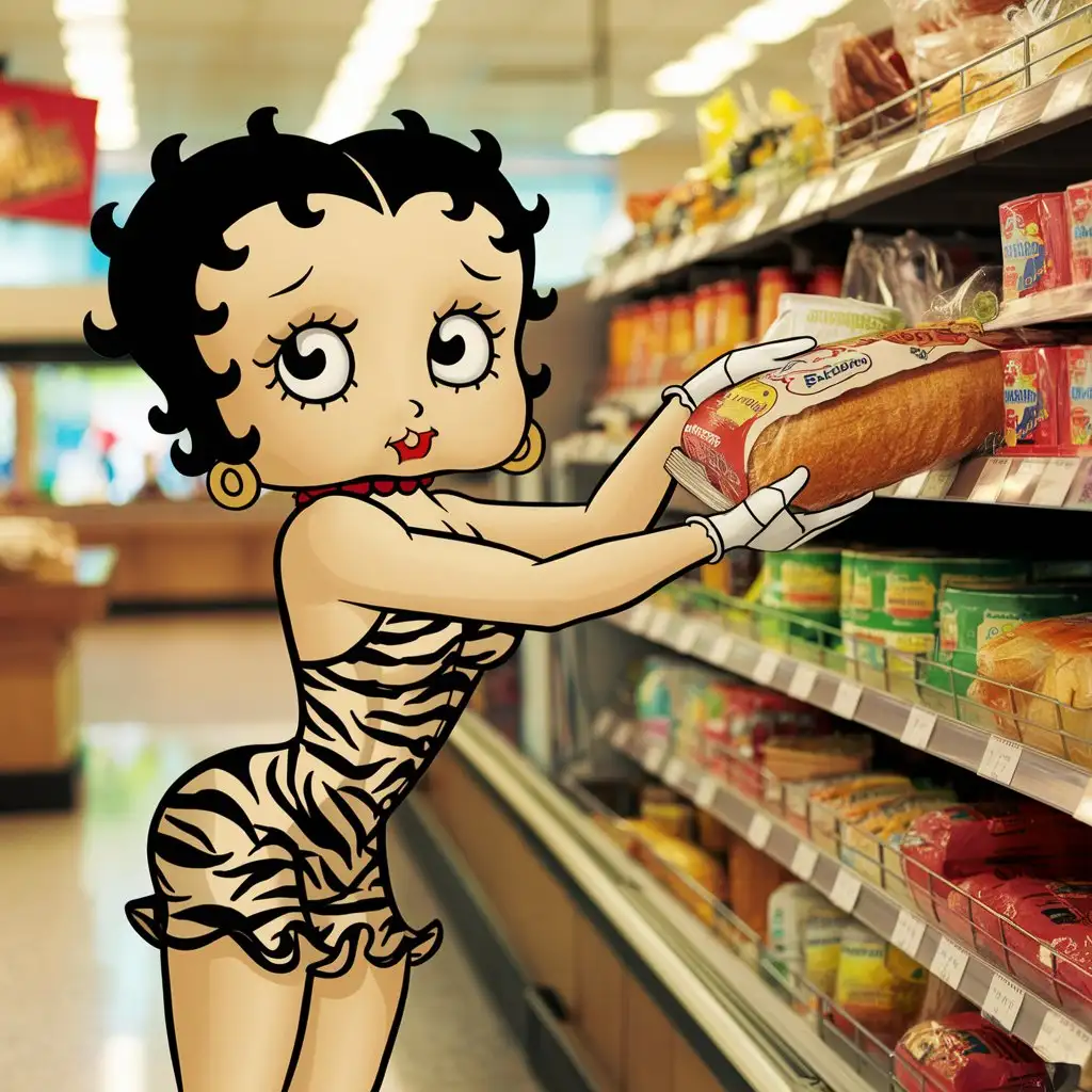 Betty boop grabbing packaged bread from a store shelf