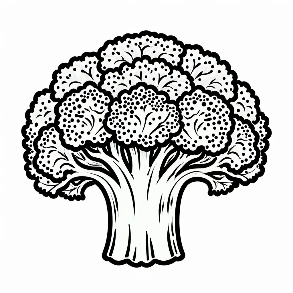 Broccoli uncolored 

, Coloring Page, black and white, line art, white background, Simplicity, Ample White Space. The background of the coloring page is plain white to make it easy for young children to color within the lines. The outlines of all the subjects are easy to distinguish, making it simple for kids to color without too much difficulty