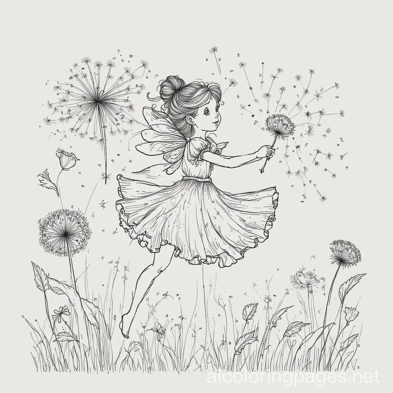 fairy dancing with a dandelion in the wind, Coloring Page, black and white, line art, white background, Simplicity, Ample White Space. The background of the coloring page is plain white to make it easy for young children to color within the lines. The outlines of all the subjects are easy to distinguish, making it simple for kids to color without too much difficulty