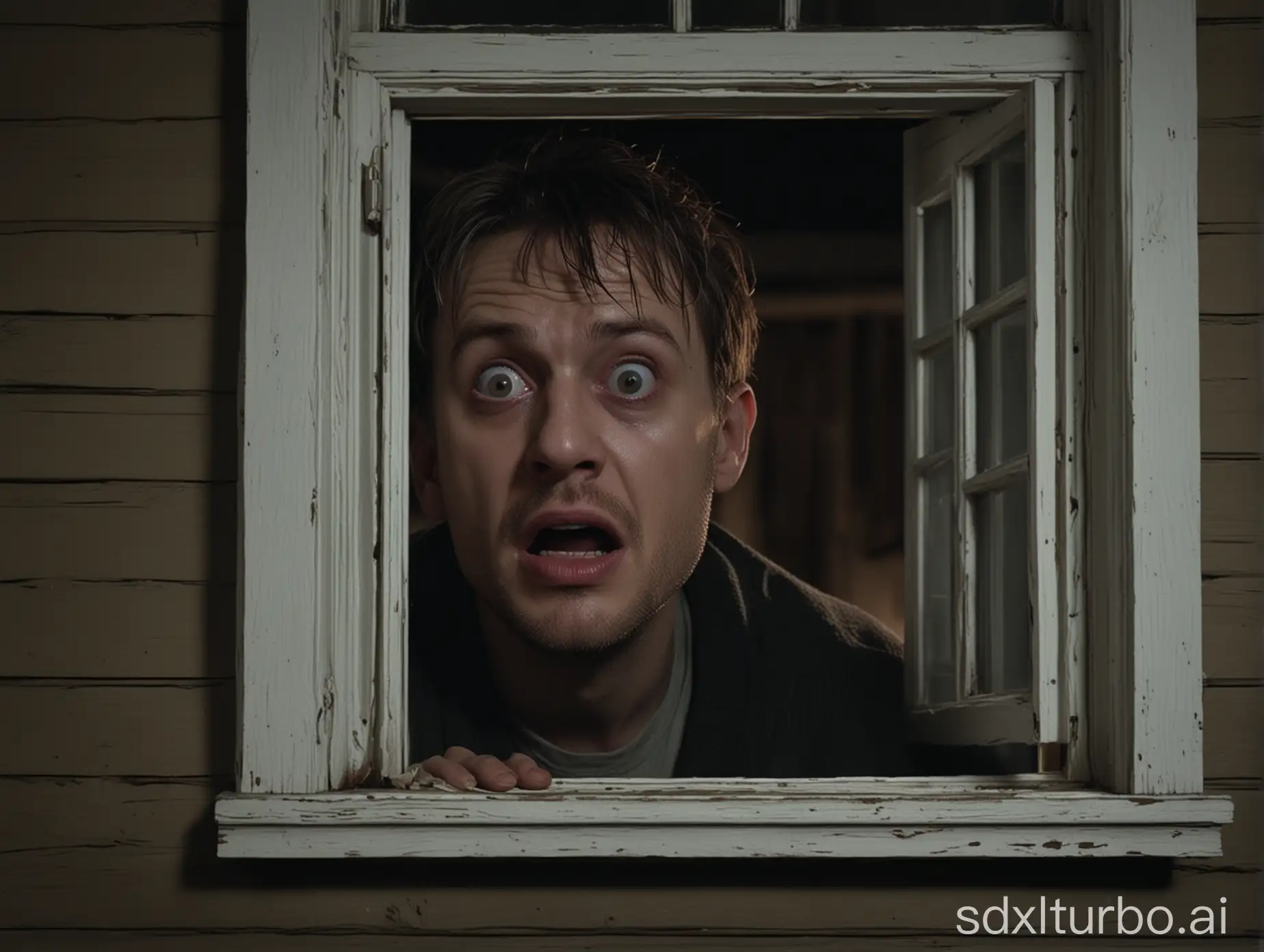Create a square, 1:1 aspect ratio, high definition, image of a true scary home alone story. The image must be photorealistic, scary, show a worried man in a house watching outside of his window, dimly lit, scared man, terrified man, wide eyes, afraid man, alone, only person, vivid colors, night time, dark outside, night lights, very vibrant, cinematic, catchy, must pop and catch attention, wide shot. Not a monster, no monstrous faces, no blood, no gore, no horror.