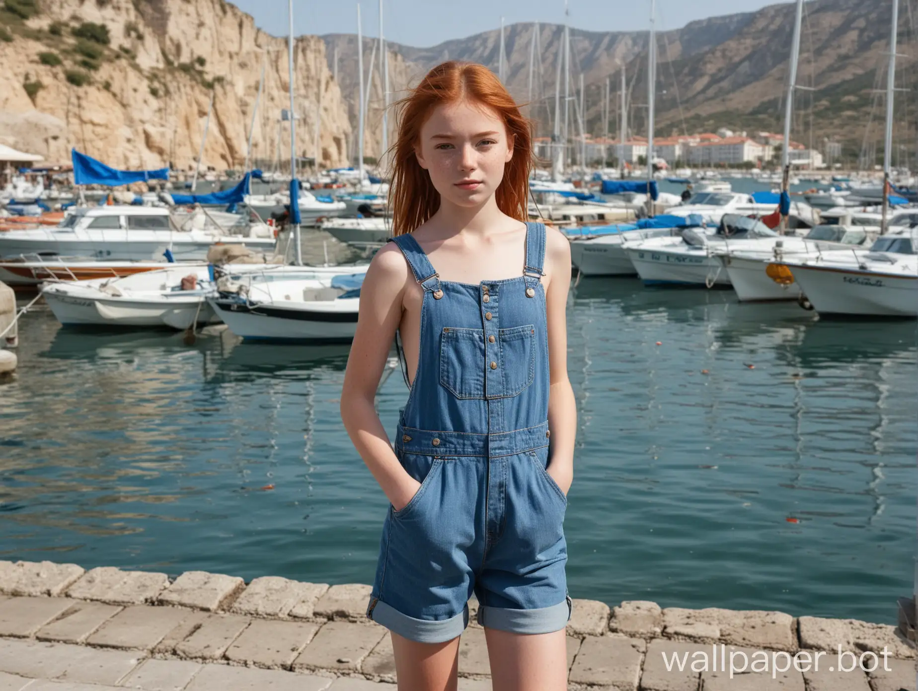 Crimea, view of the waterfront with boats and yachts, red-haired girl 11 years old in a short denim jumpsuit on a bare body, full height, freckles on the face, straps undone