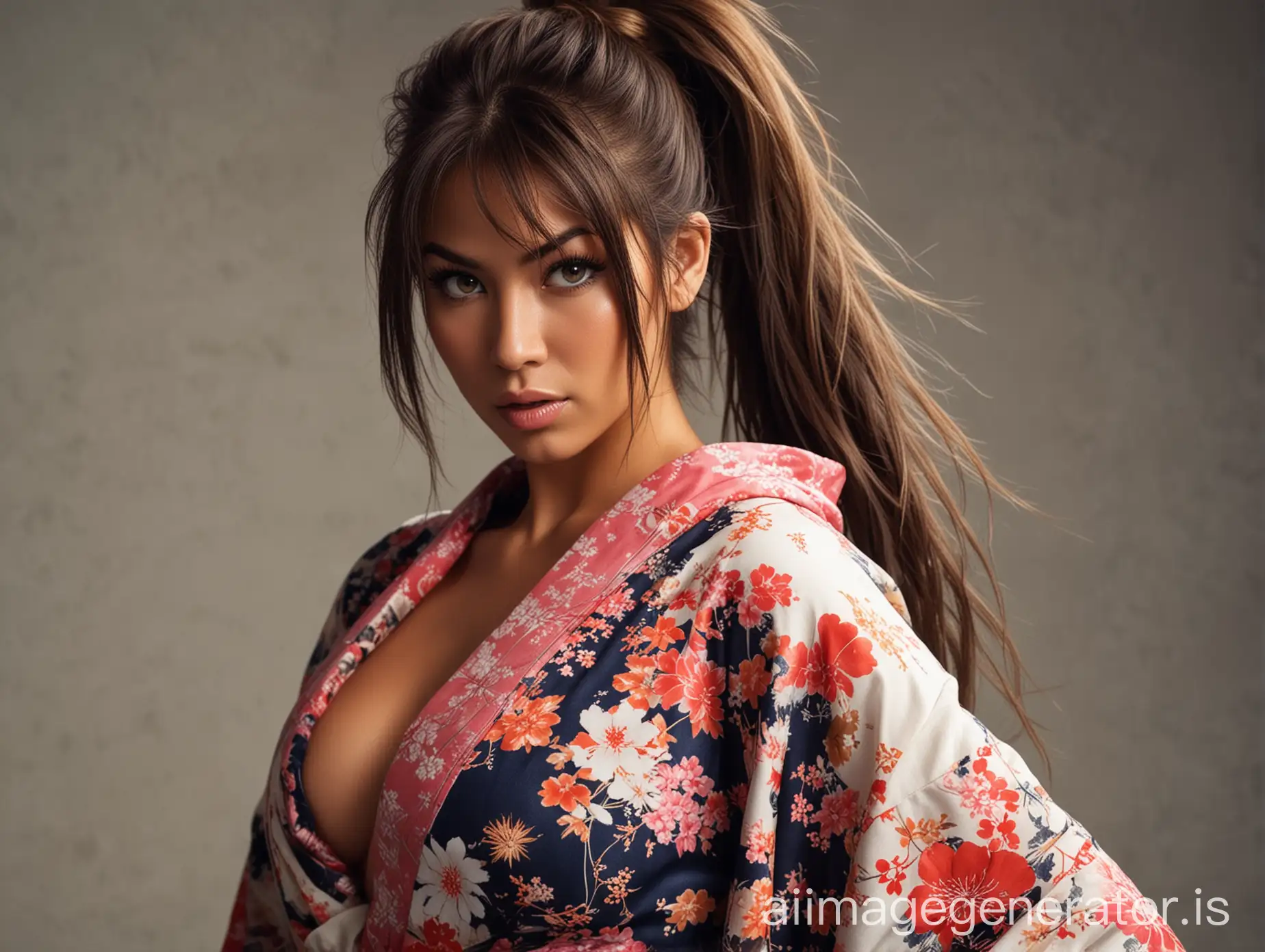 Extremely gigantic woman; extremely muscular; beautiful; sexy; seductive; cute; high messy pony with long bangs; big cleavage; extremely massive and muscular arms; extremely massive six-pack; tanned; with kimono sleeves; hooded;