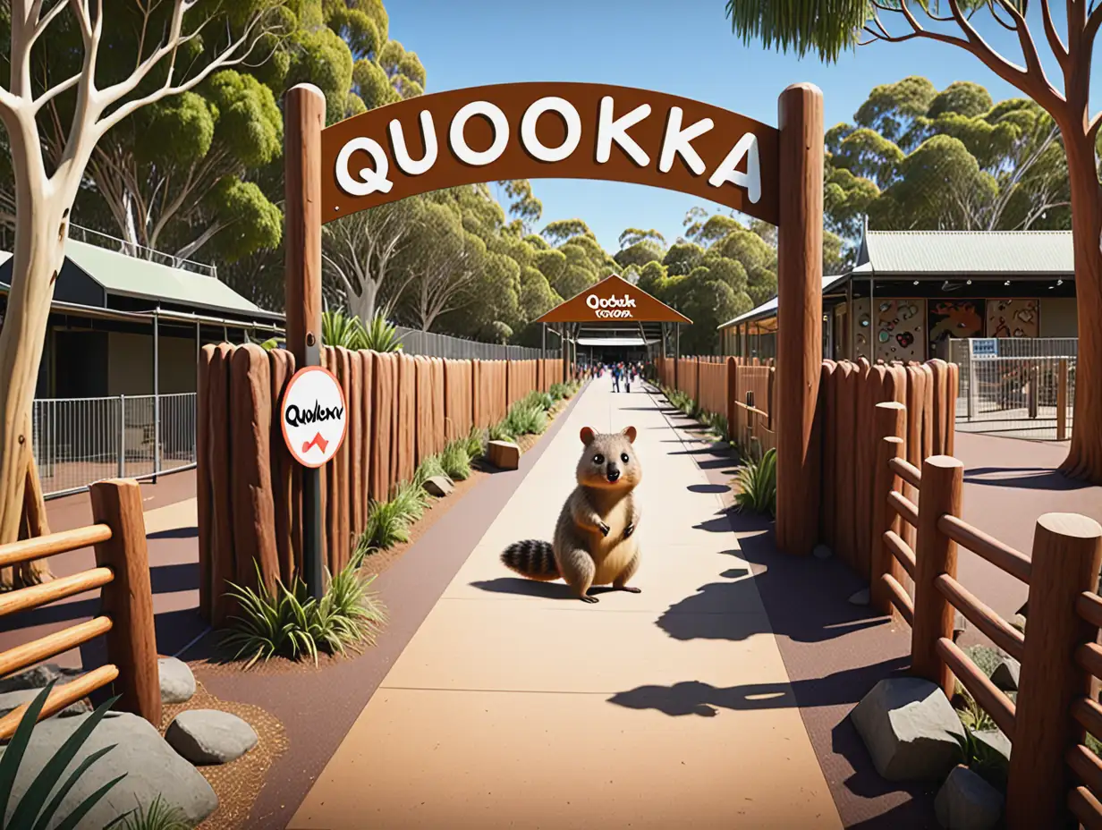 cartoon zoo with walkway and sign that says quokka