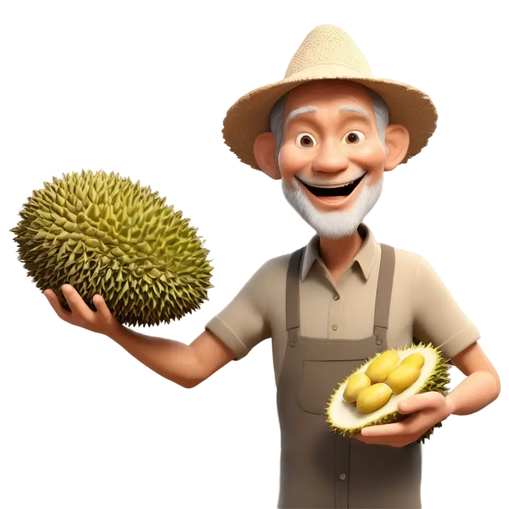 Vietnamese old man farmer 3d animation. holding a durian and smiling happily
