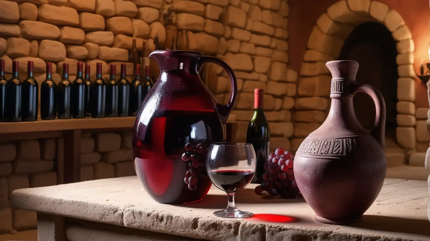 epoque biblique, une cruche posée sur un table remplie à raz bord de vin rouge bien visible à la surface de la cruche, en fond un mur de bouteilles de vin rouge couchées, dans une auberge hébreu antique