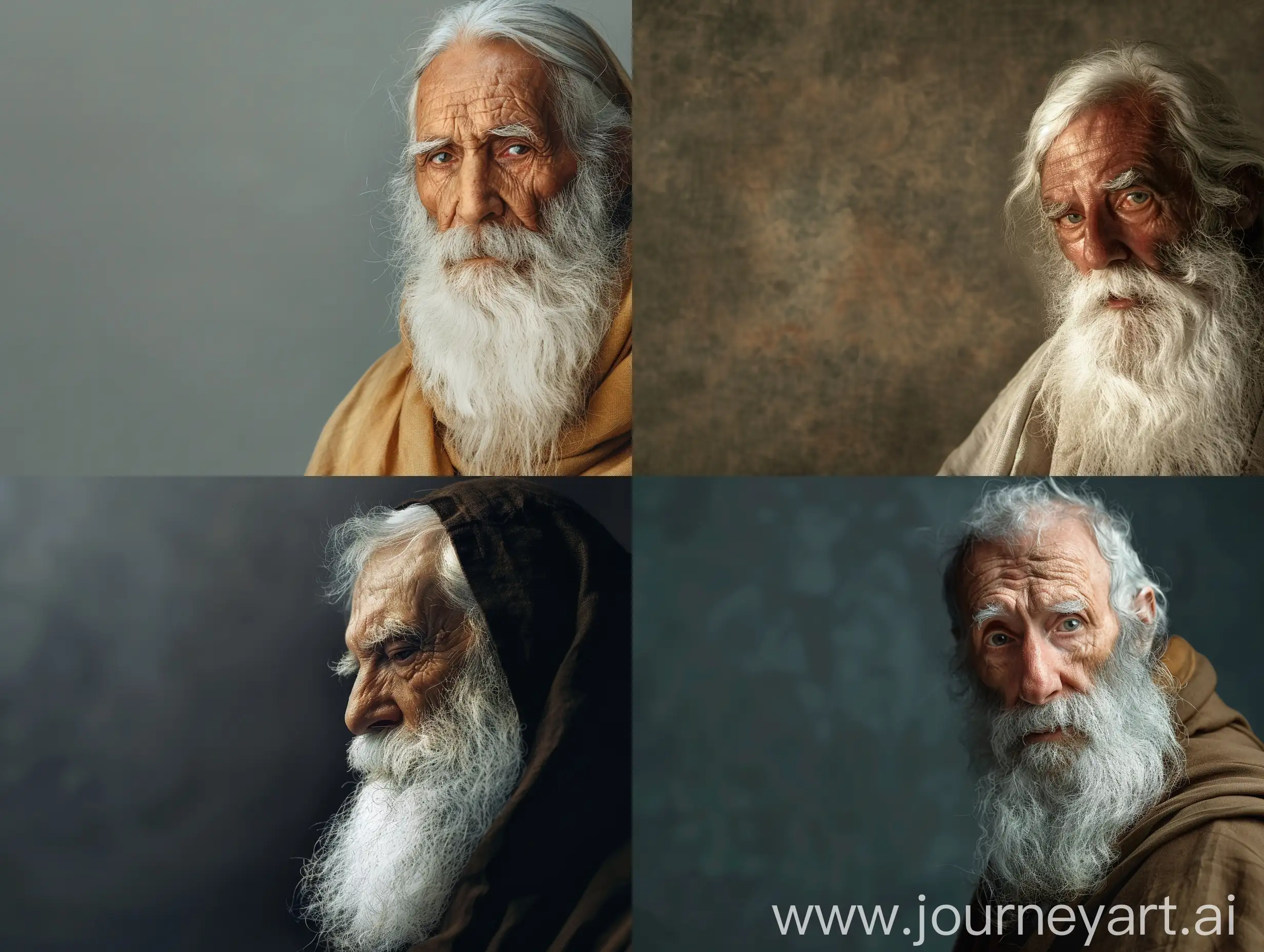old prophet with white beard, background with space for text, hq, photo real, the old prophet is at right side of the image