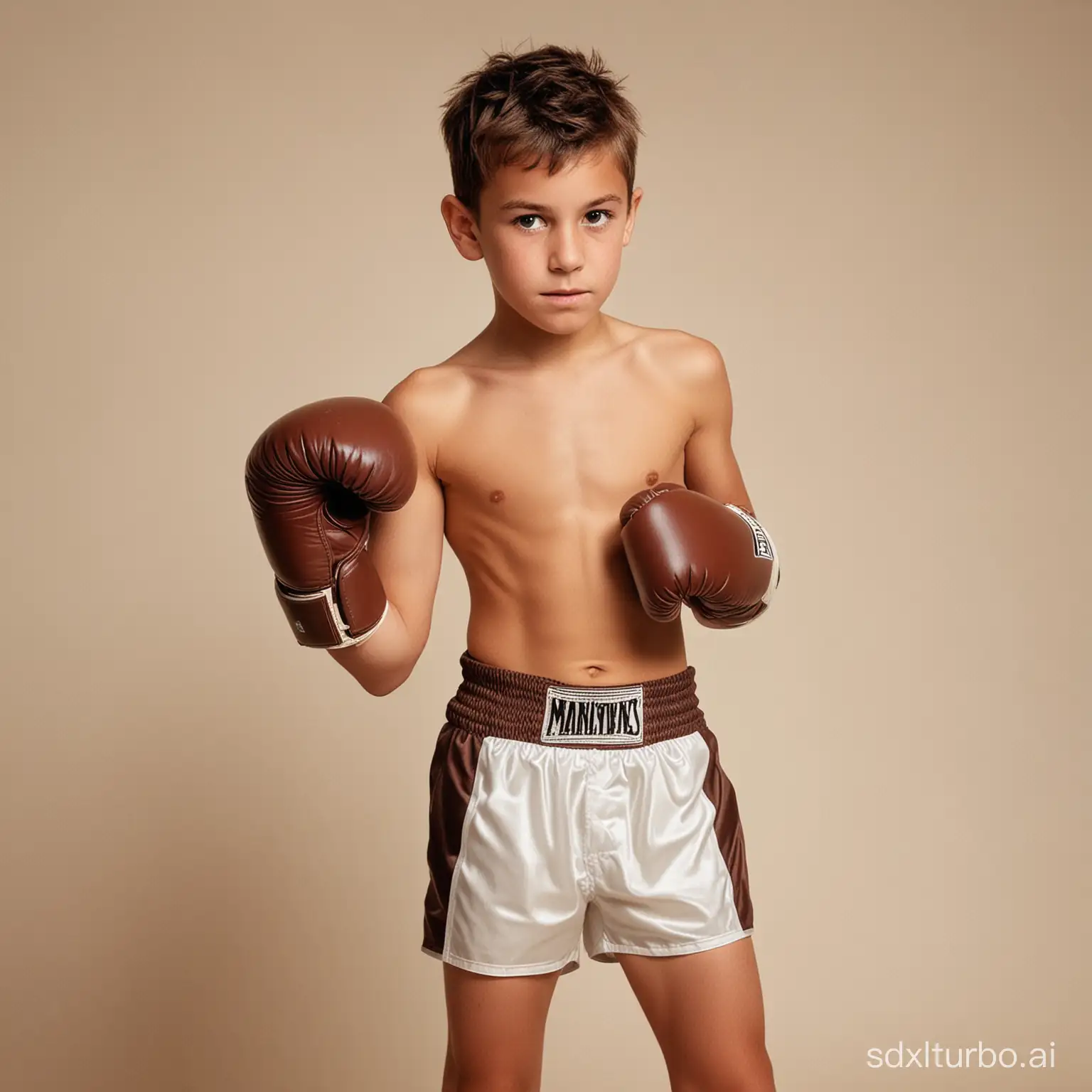 young shirtless boy wearing white boxing trunks and large brown boxing gloves