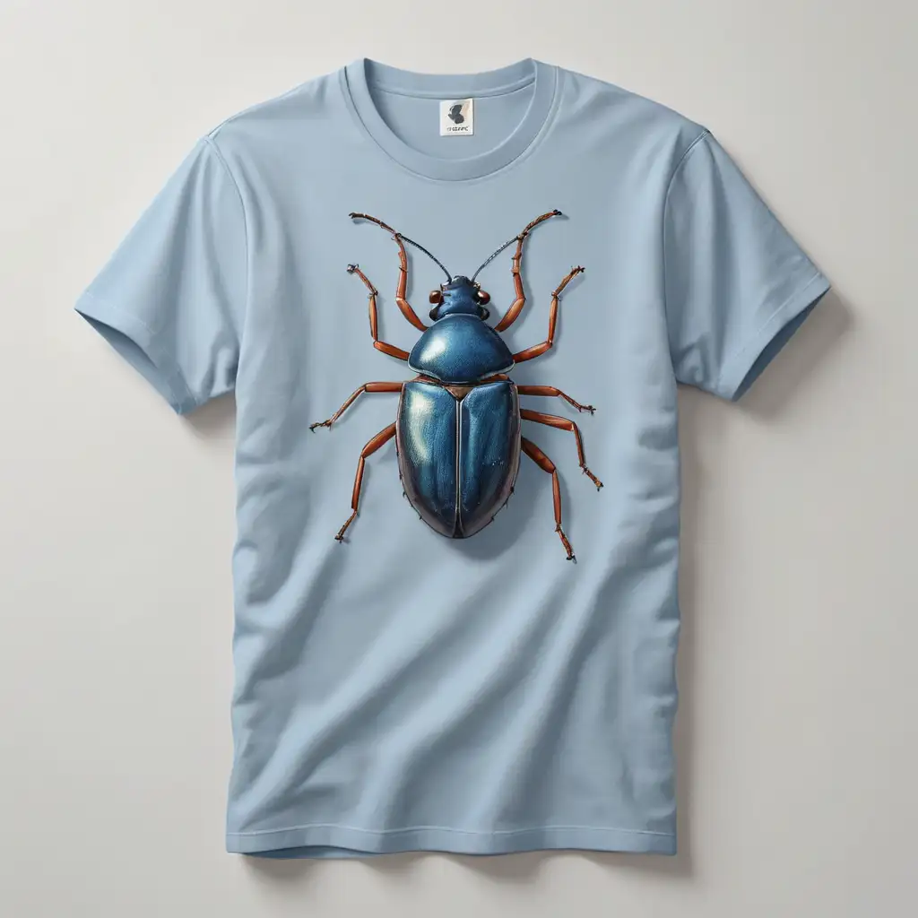 Realistic Illustration of Blue TShirt with Bug Sticker on White Background