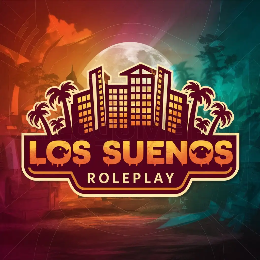 a logo design,with the text "LOS SUENOS ROLEPLAY", main symbol:The logo should feature a row of high-rise buildings, with Palms on the left and right sides. It should also be colorful With a beautiful matching background Make the style Halloween-inspired,Moderate,be used in gaming industry,clear background