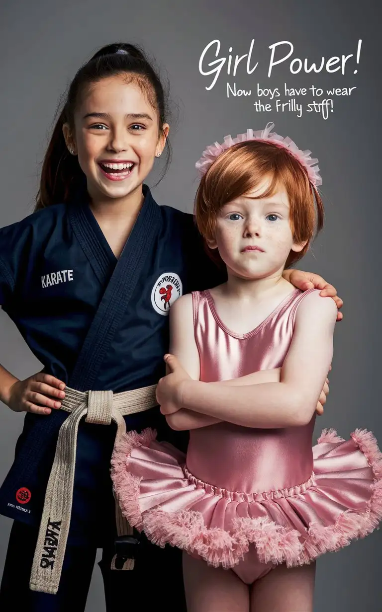Gender role-reversal, Photograph of a 9-year-old smiling girl wearing a black karate uniform, and a British white cute 7-year-old little moody ginger boy wearing a silky pink leotard and frilly netted tutu, English, perfect children faces, perfect faces, smooth, the photograph is captioned “Girl power! Now boys have to wear the frilly stuff!”