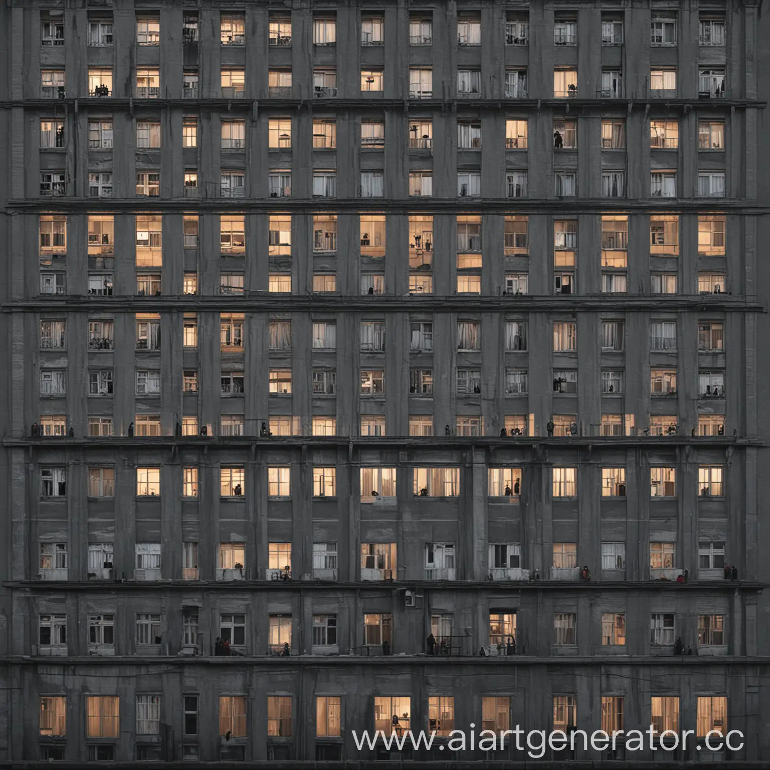 Много старых серых советских панельных многоэтажных домов, вечер, в некоторых окнах горит свет и виднеются силуэты людей, их совсем немного. В пиксельном стиле игры