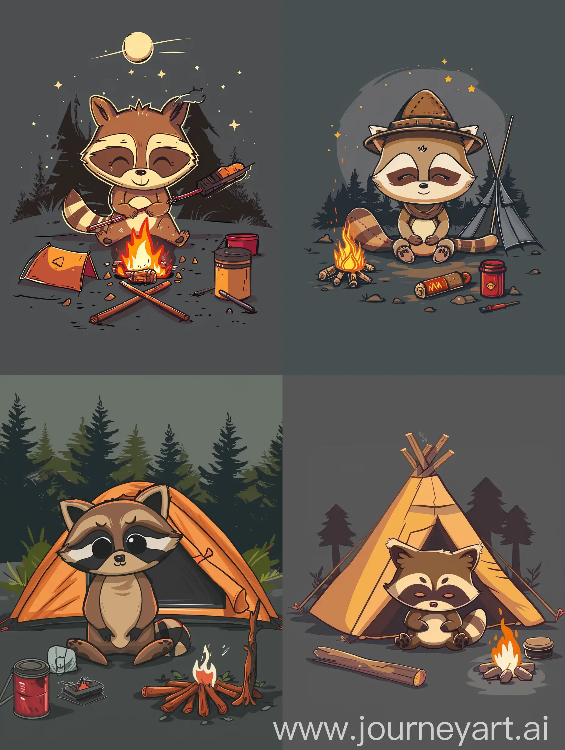 thin line style chibi cute racoon on a camping, with solid dark grey background, small object and center concentrated image, far view point