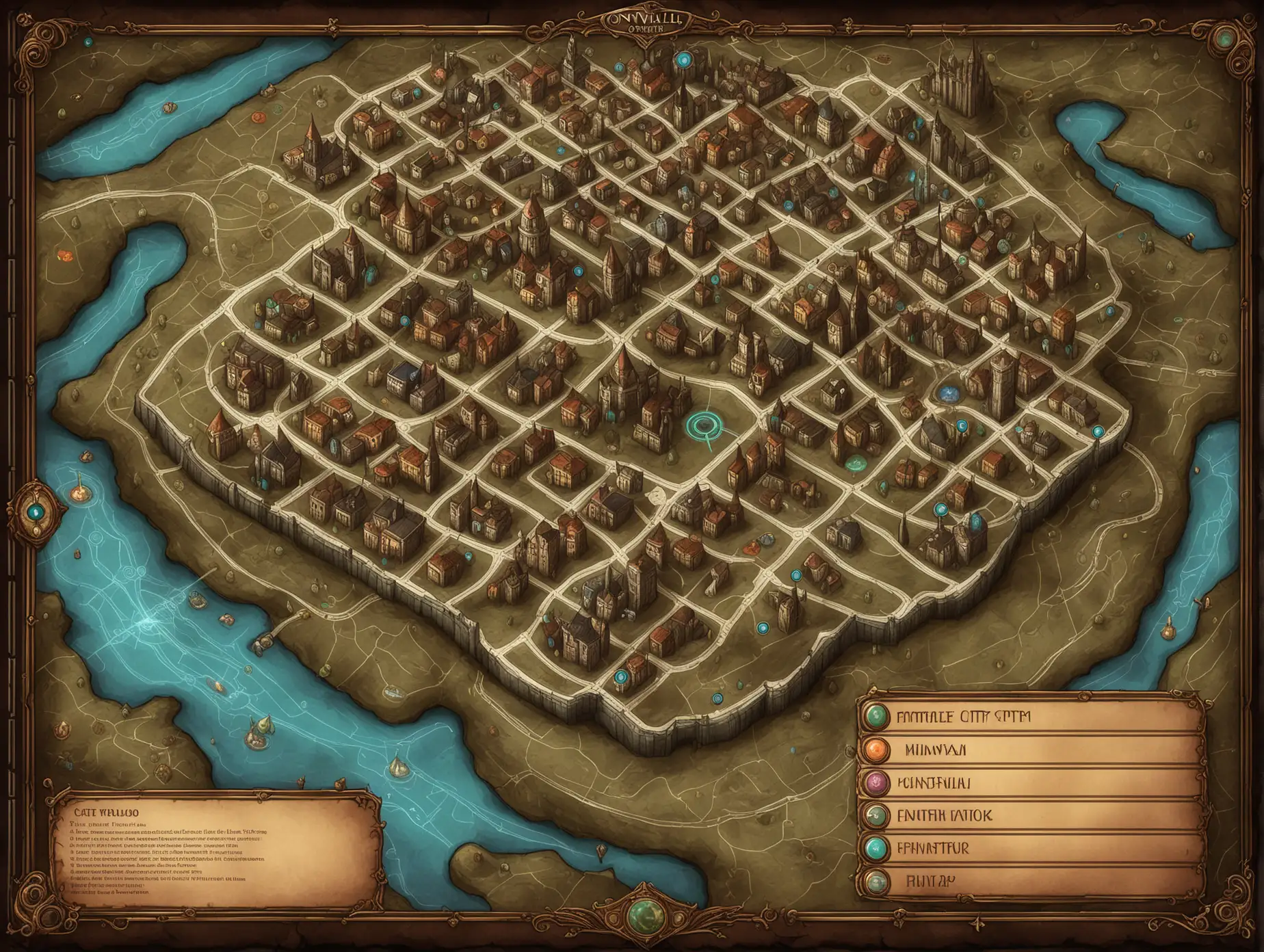Интерфейс для игры, карта города, новелла, темное фэнтэзи